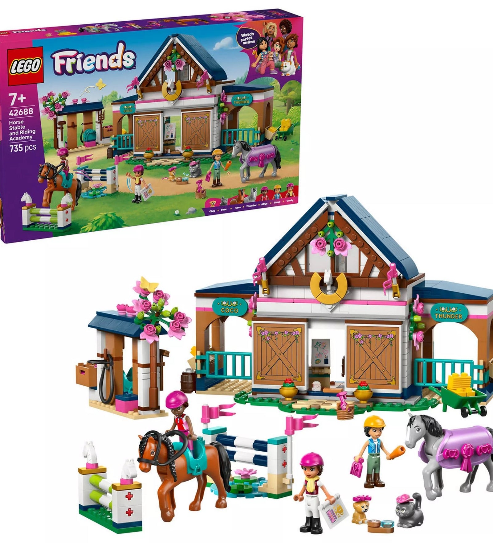 LEGO Friends Lovasistálló és lovasakadémia (42688) készlet a dobozzal együtt, felépített istállóval, lovagló akadályokkal, minibabafigurákkal, lovakkal és állatkiegészítőkkel.