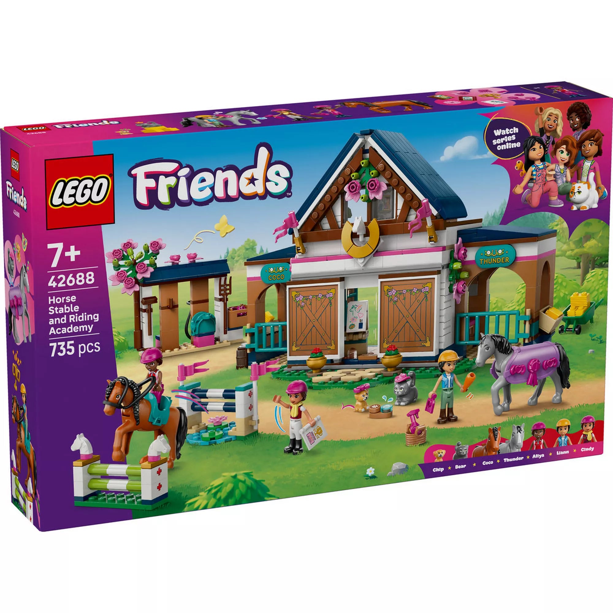 LEGO Friends Lovasistálló és lovasakadémia (42688) készlet dobozának eleje, istállóépülettel, ugrató akadályokkal, 2 lóval, minibabafigurákkal és kiegészítőkkel.