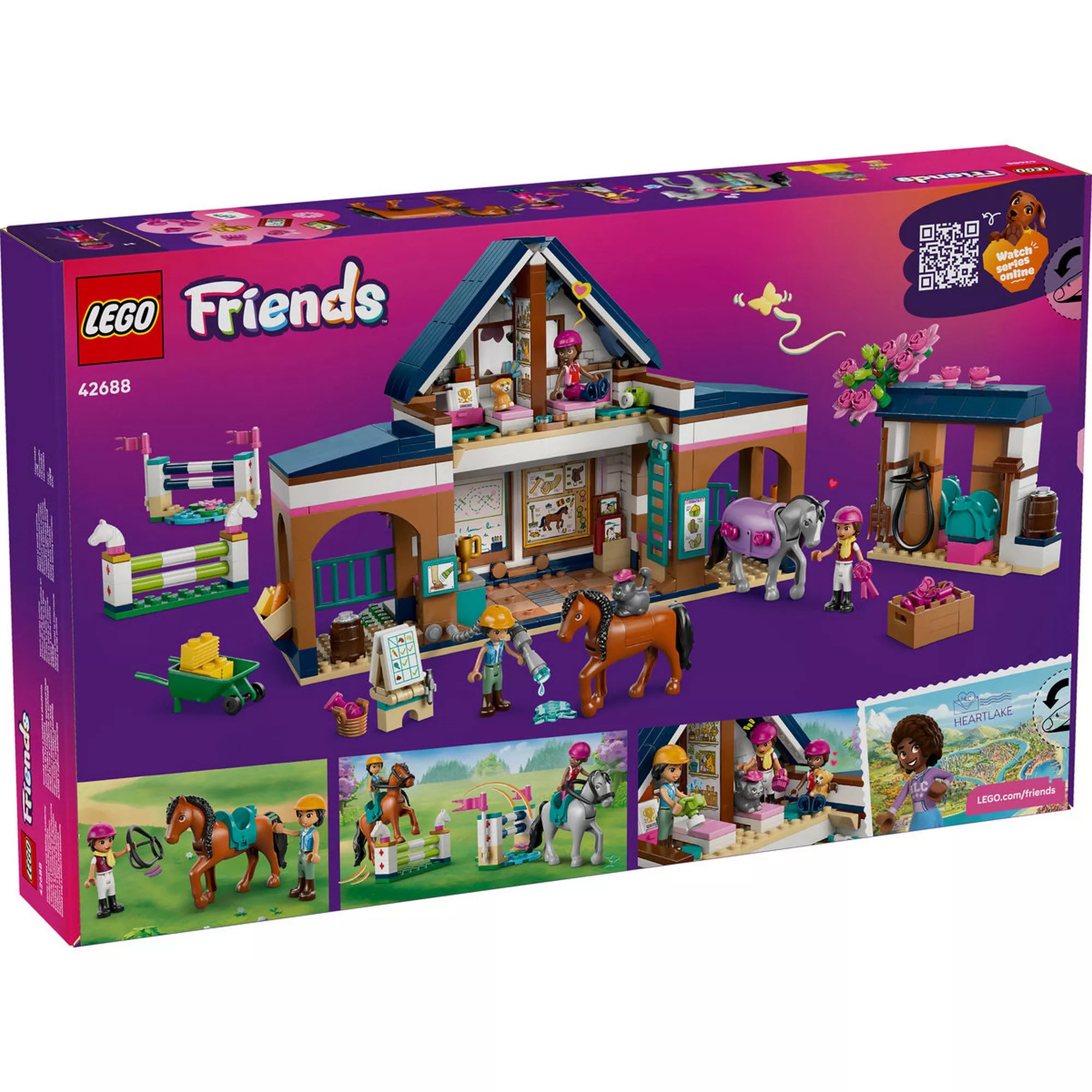 LEGO Friends Lovasistálló és lovasakadémia (42688) dobozának hátoldala, a belső terek, az istállók, az alvóhelyek és a lovas szerepjáték lehetőségeinek bemutatásával.