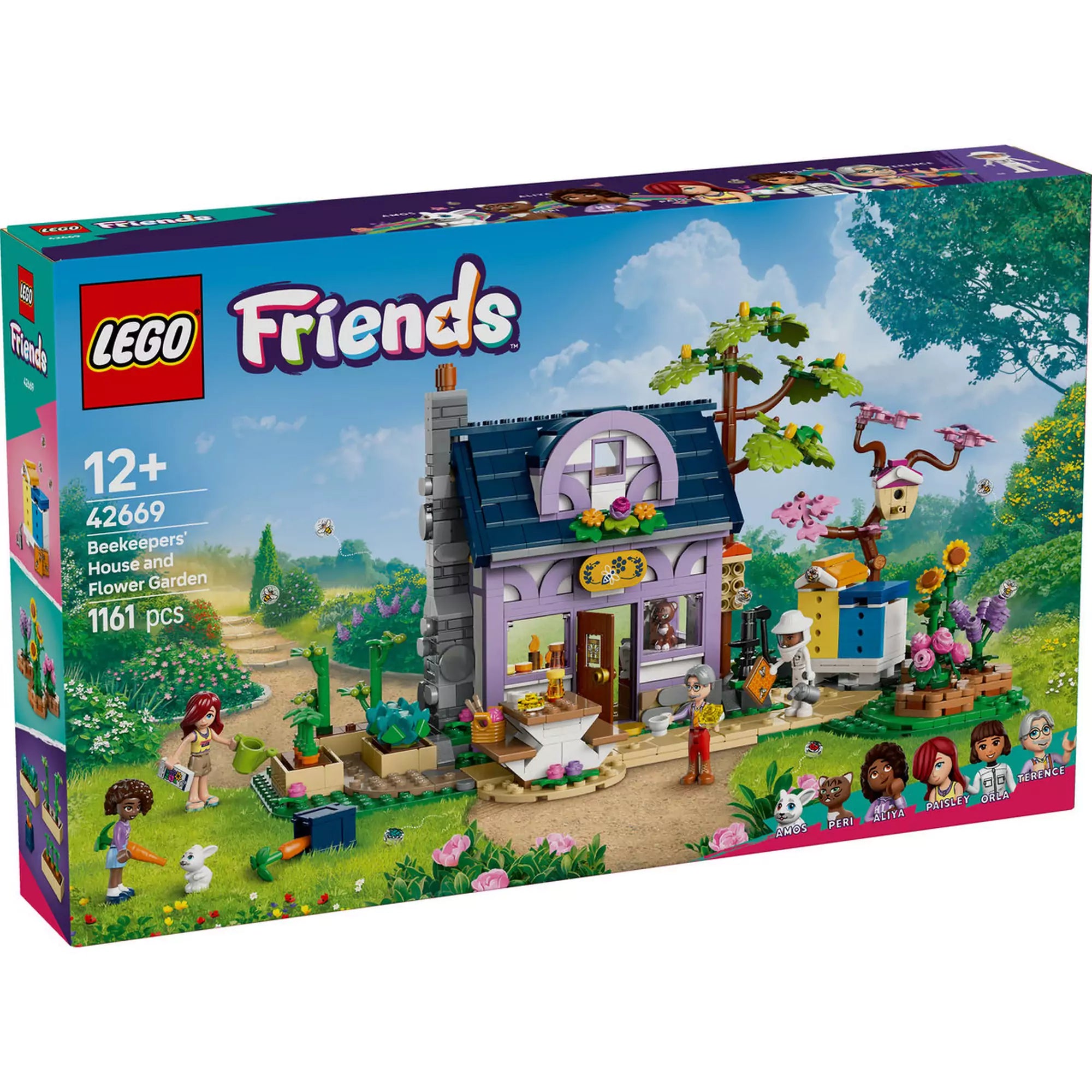 LEGO Friends Méhészek háza és virágoskert 42669 doboza, amely egy kétemeletes házat és virágoskertet ábrázol.