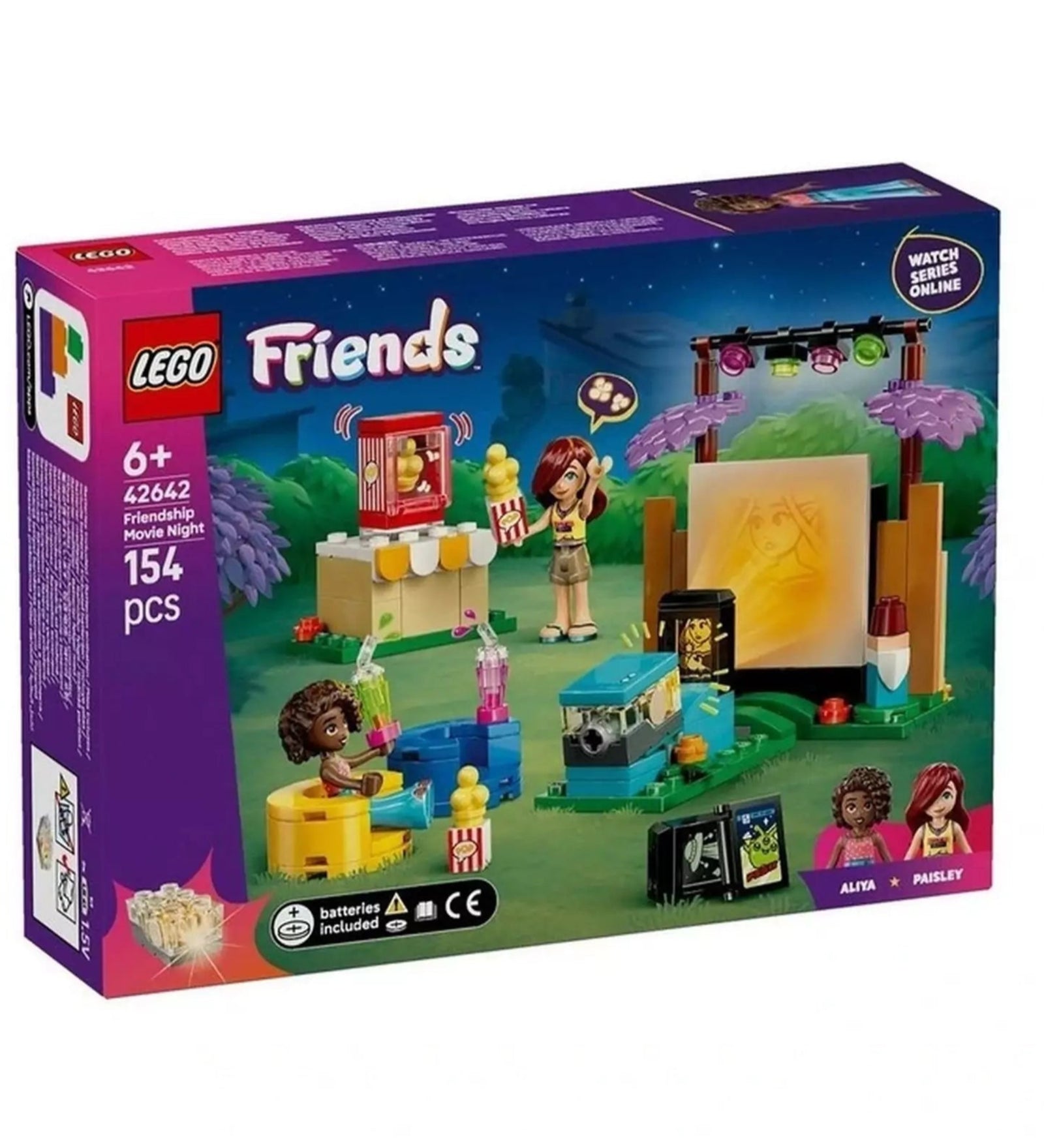 LEGO Friends Friendship Movie Night (42642) doboz – A készlet színes doboza látható, amely bemutatja a kültéri mozi hangulatát, a két minifigurát, a popcorn gépet, projektort és vetítővásznat.