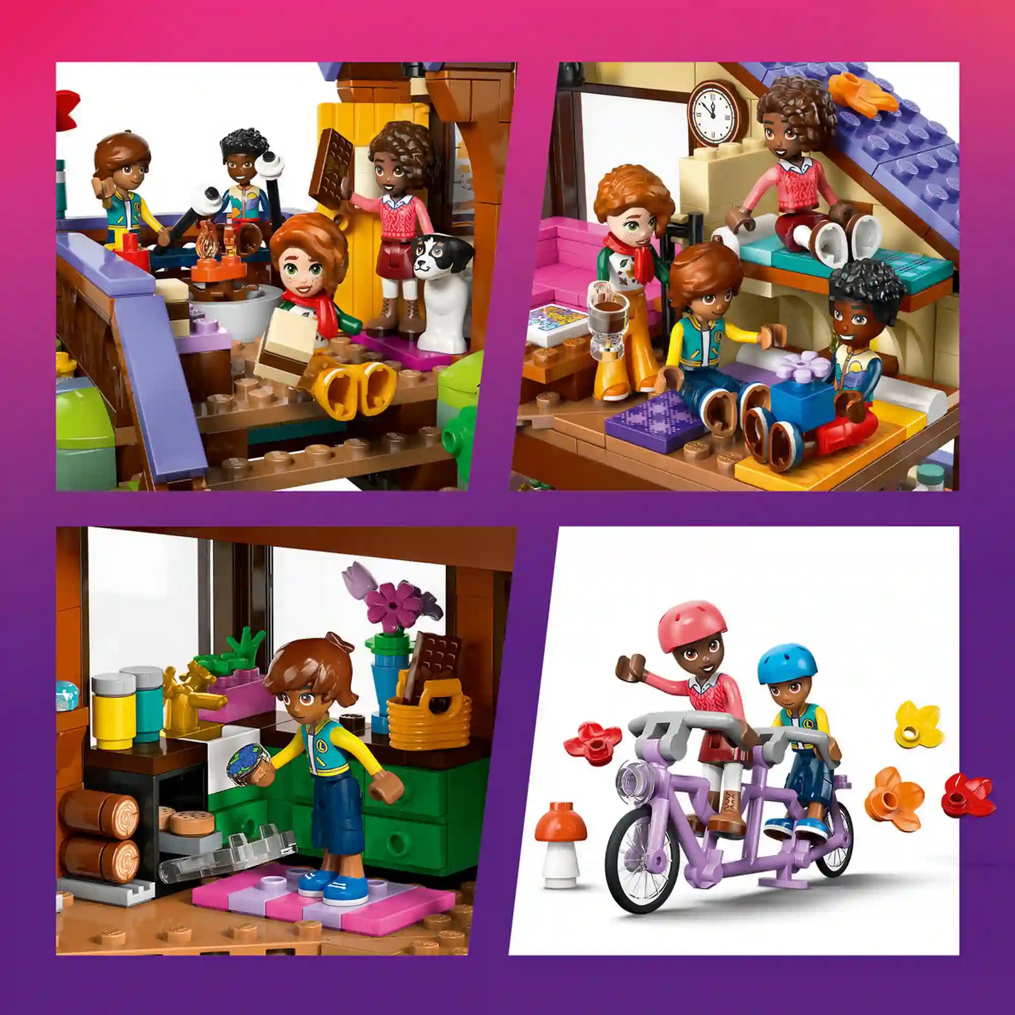 LEGO Friends Otthonos kabin az őszi erdőben részletképei, amelyek a tábortüzet, a hálószobát, a nappalit és a tandemkerékpárt mutatják be.