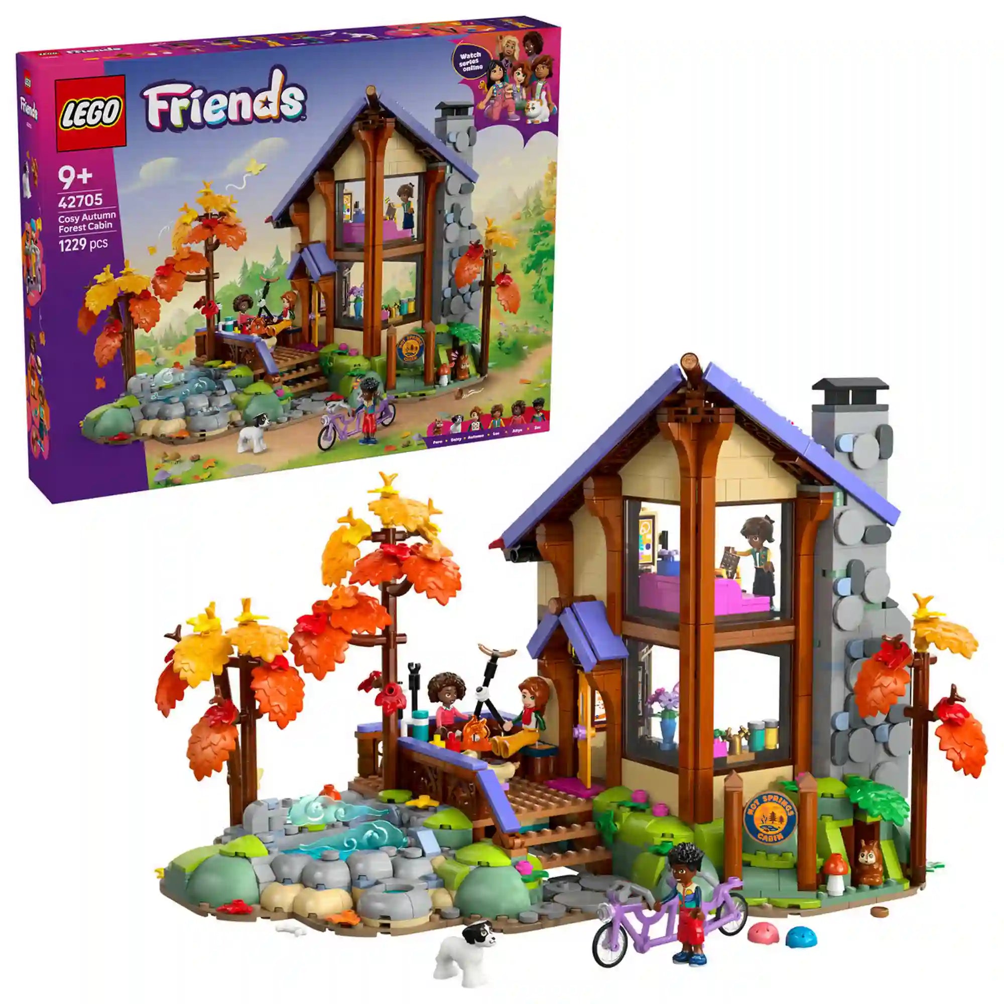 LEGO Friends Otthonos kabin az őszi erdőben készlet doboza és a megépített faházmodell együtt, részletgazdag erdei környezettel és kiegészítőkkel.