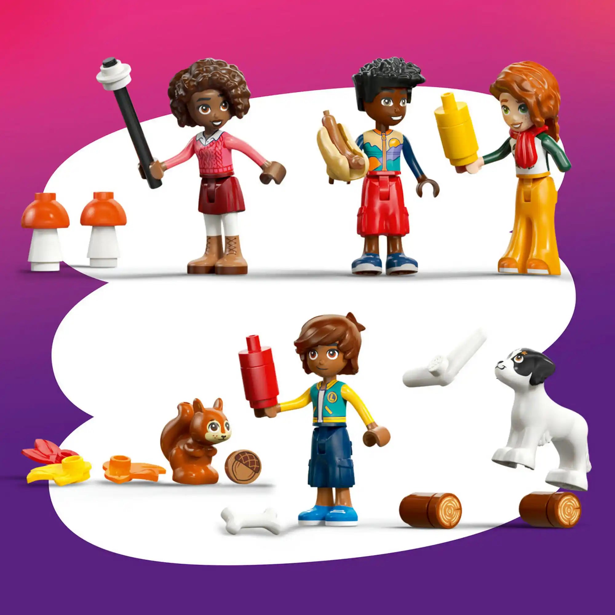 LEGO Friends Otthonos kabin az őszi erdőben figurák és állatok, köztük Autumn, Aliya, Leo, Zac, egy kutya, egy mókus és számos kempingkiegészítő.