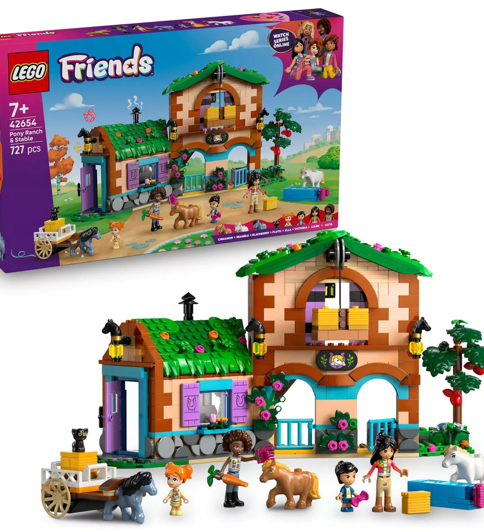 LEGO Friends Pónifarm és istálló (42654) doboz és felépített modell együtt, karakterekkel, pónikkal és minden tartozékkal.