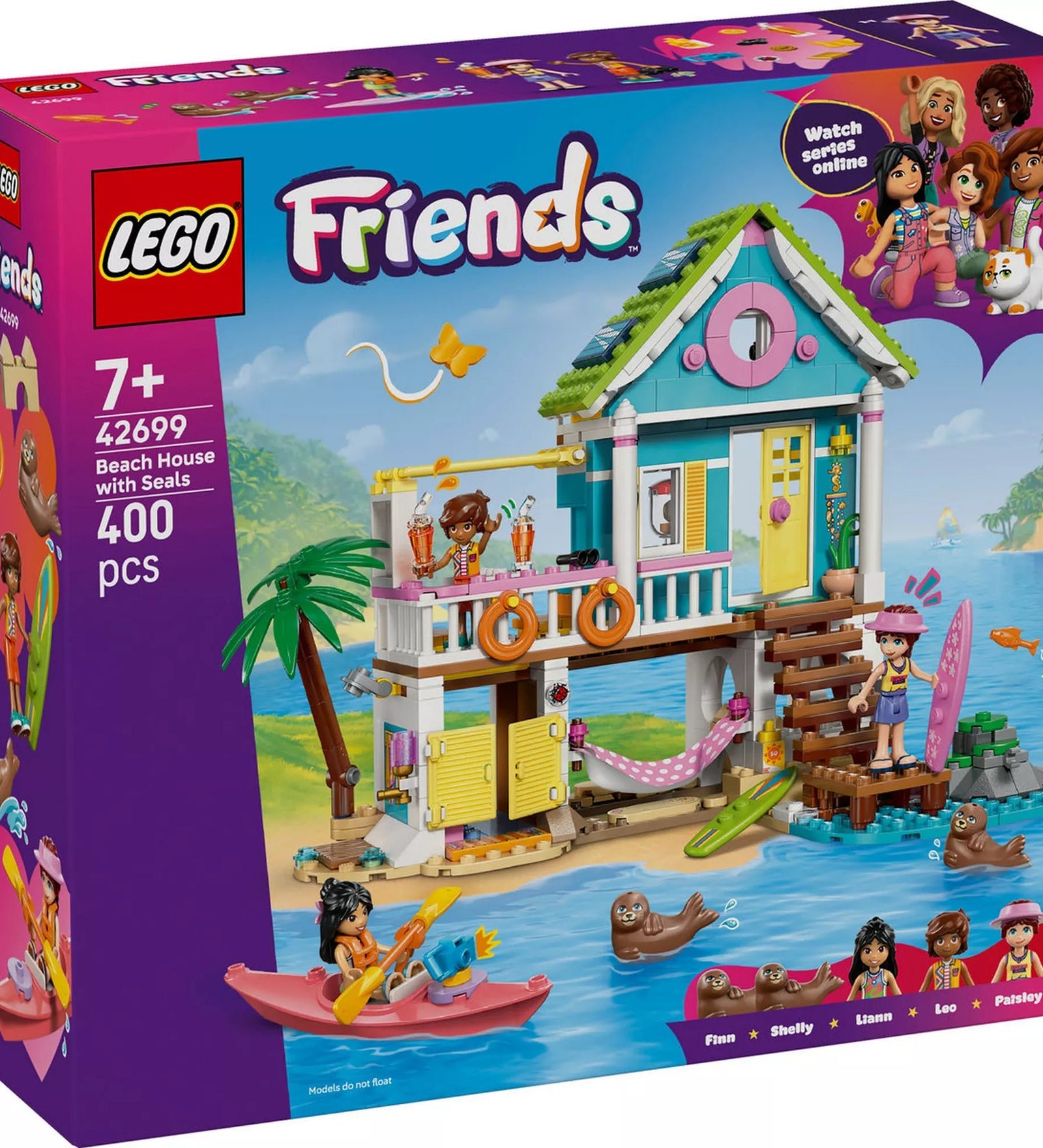 LEGO Friends Fókás tengerparti ház (42699) építőkészlet elölnézeti dobozképe, nyaralós jelenettel, fókákkal, vízi járművekkel és 400 elemes tartalommal