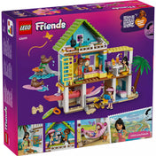 LEGO Friends Fókás tengerparti ház (42699) doboz hátoldala, a ház belső tereivel, smoothie készítő konyhával, hálórésszel, függőággyal és kiegészítőkkel