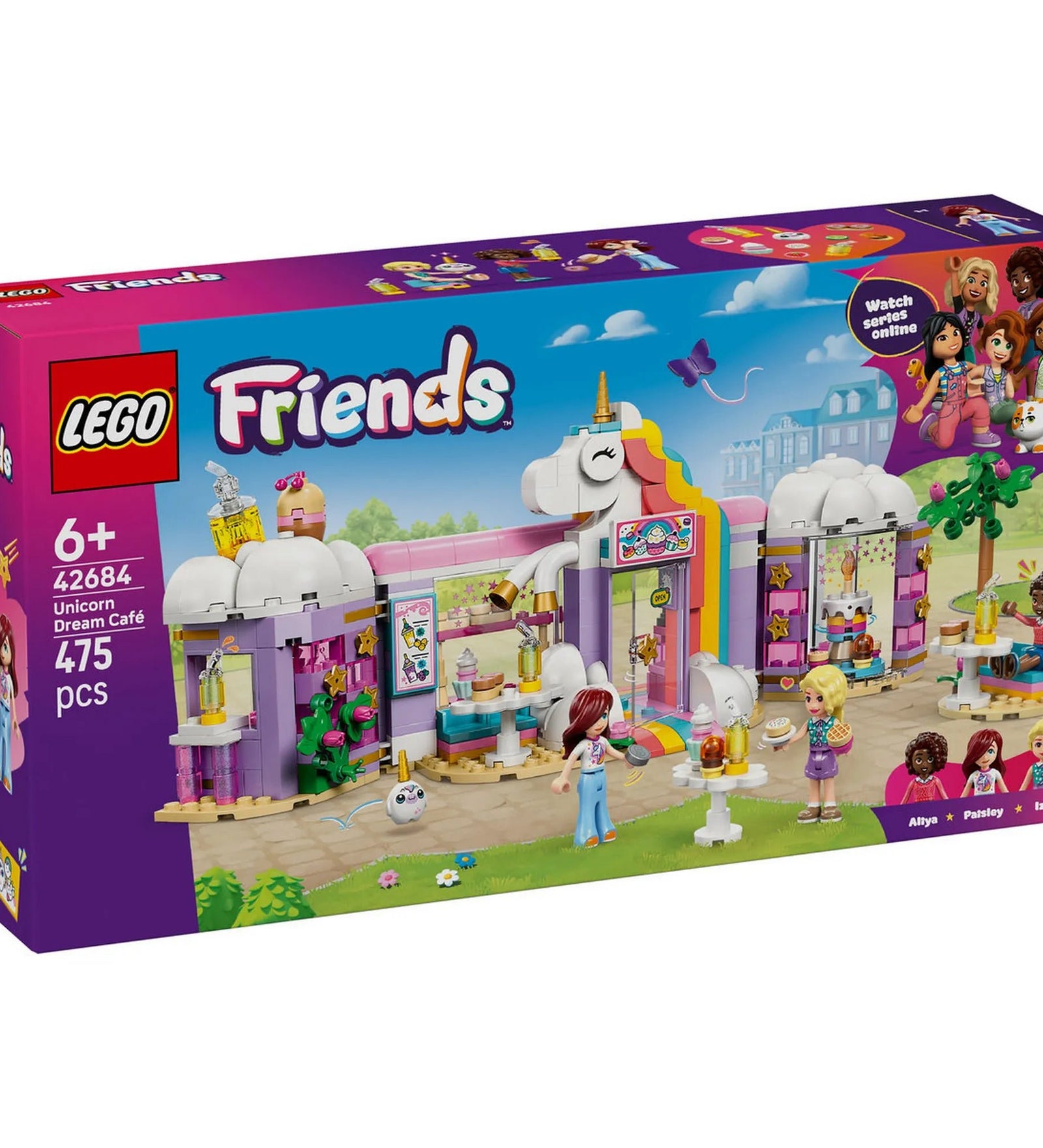 LEGO Friends Unikornisos kávézó (42684) doboz eleje, szivárványos unikornistémájú kávézóval és figurákkal