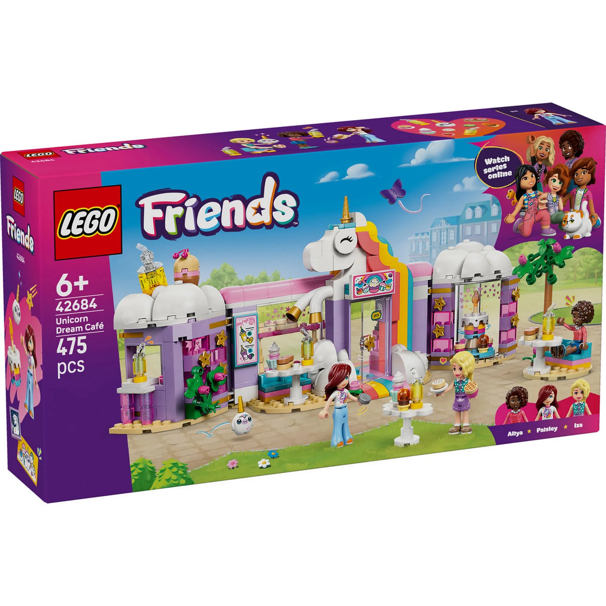 LEGO Friends Unikornisos kávézó (42684) doboz eleje, szivárványos unikornistémájú kávézóval és figurákkal