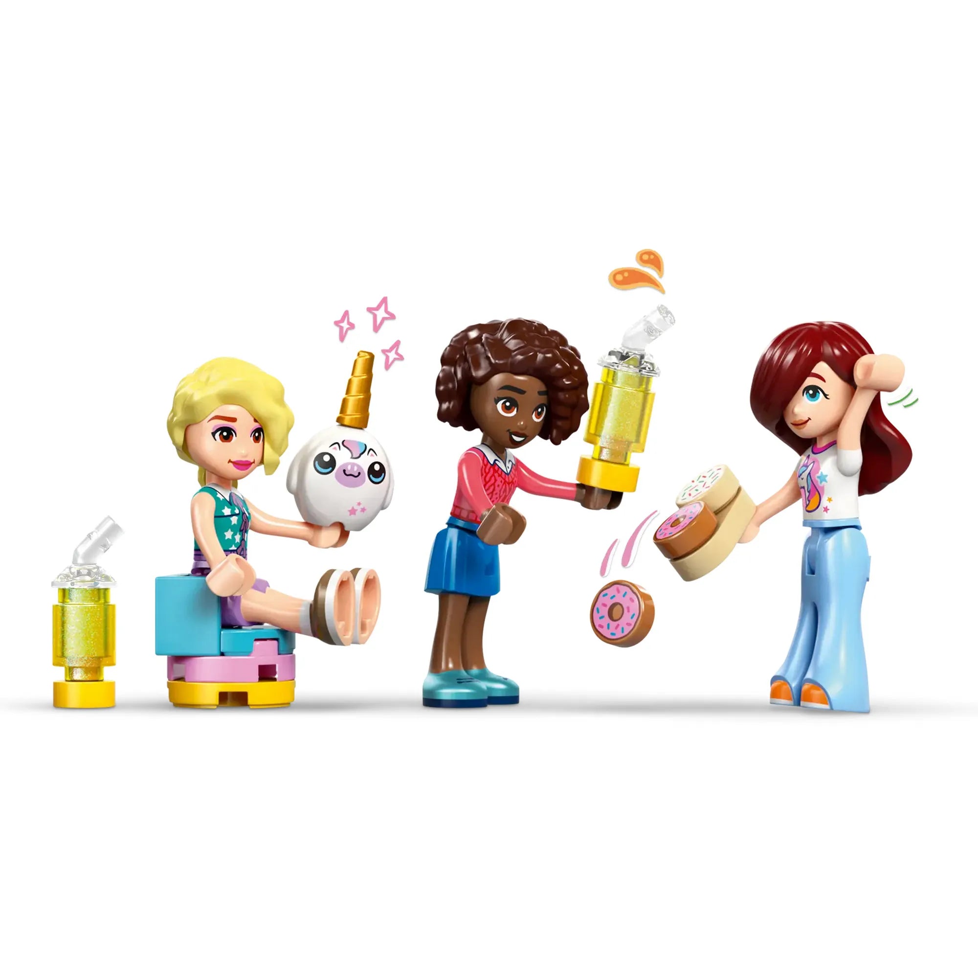 LEGO Friends Paisley, Aliya és Iza figurák unikornis kiegészítőkkel és játék édességekke