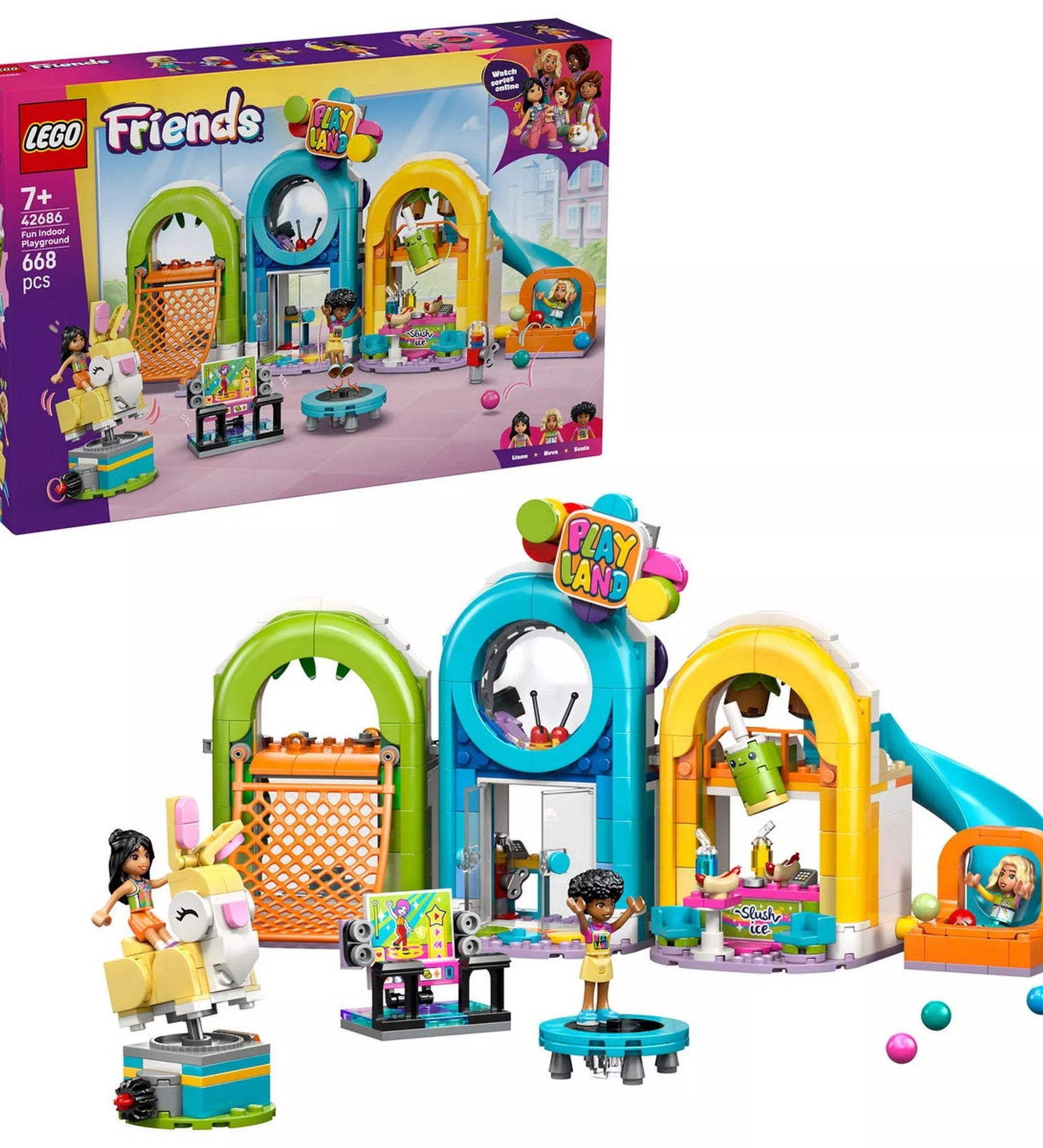 LEGO Friends Beltéri játszótér (42686) készlet a dobozzal együtt, felépített játéktérrel, trambulinnal, csúszdával, snack bárral és színes kiegészítőkkel.