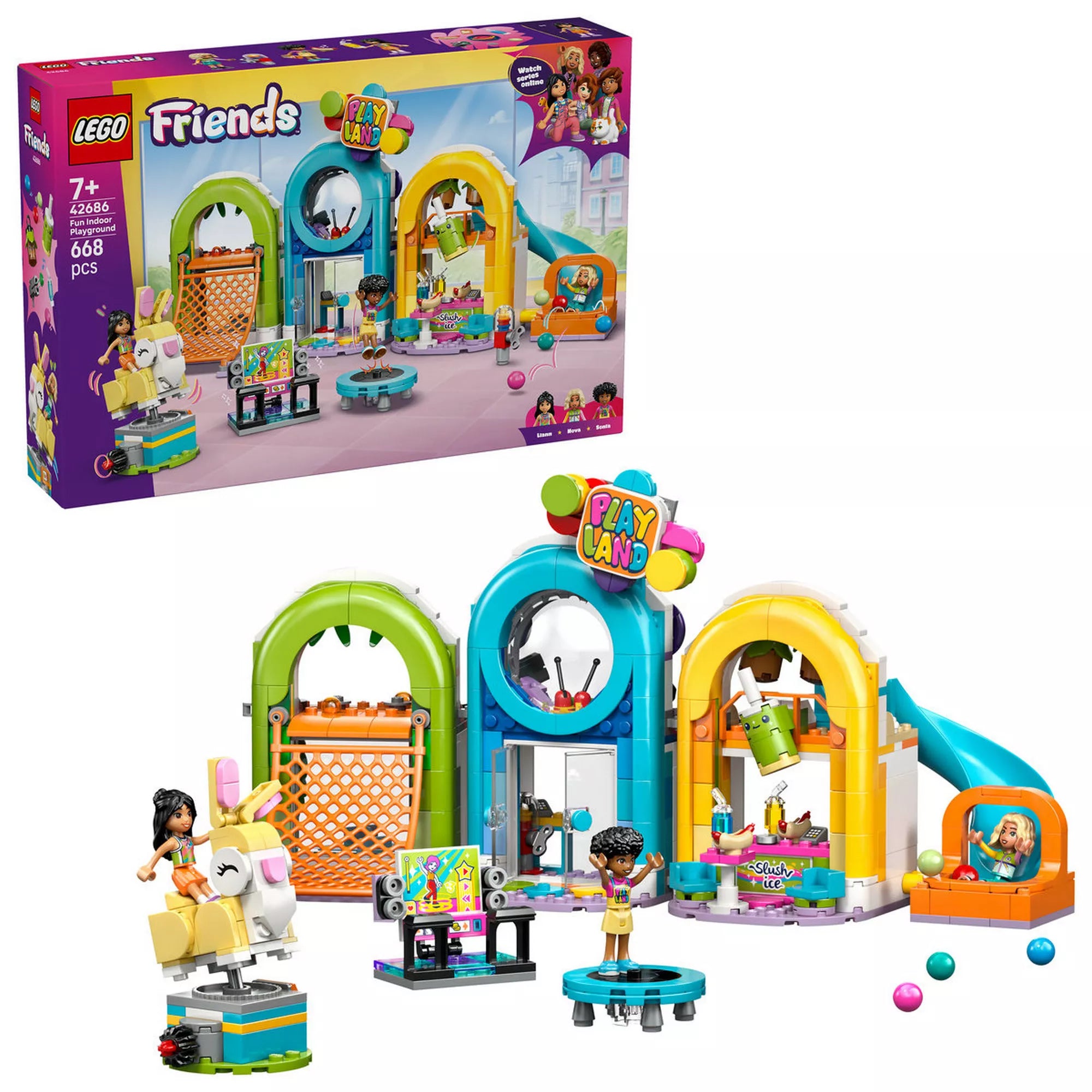 LEGO Friends Beltéri játszótér (42686) készlet a dobozzal együtt, felépített játéktérrel, trambulinnal, csúszdával, snack bárral és színes kiegészítőkkel.