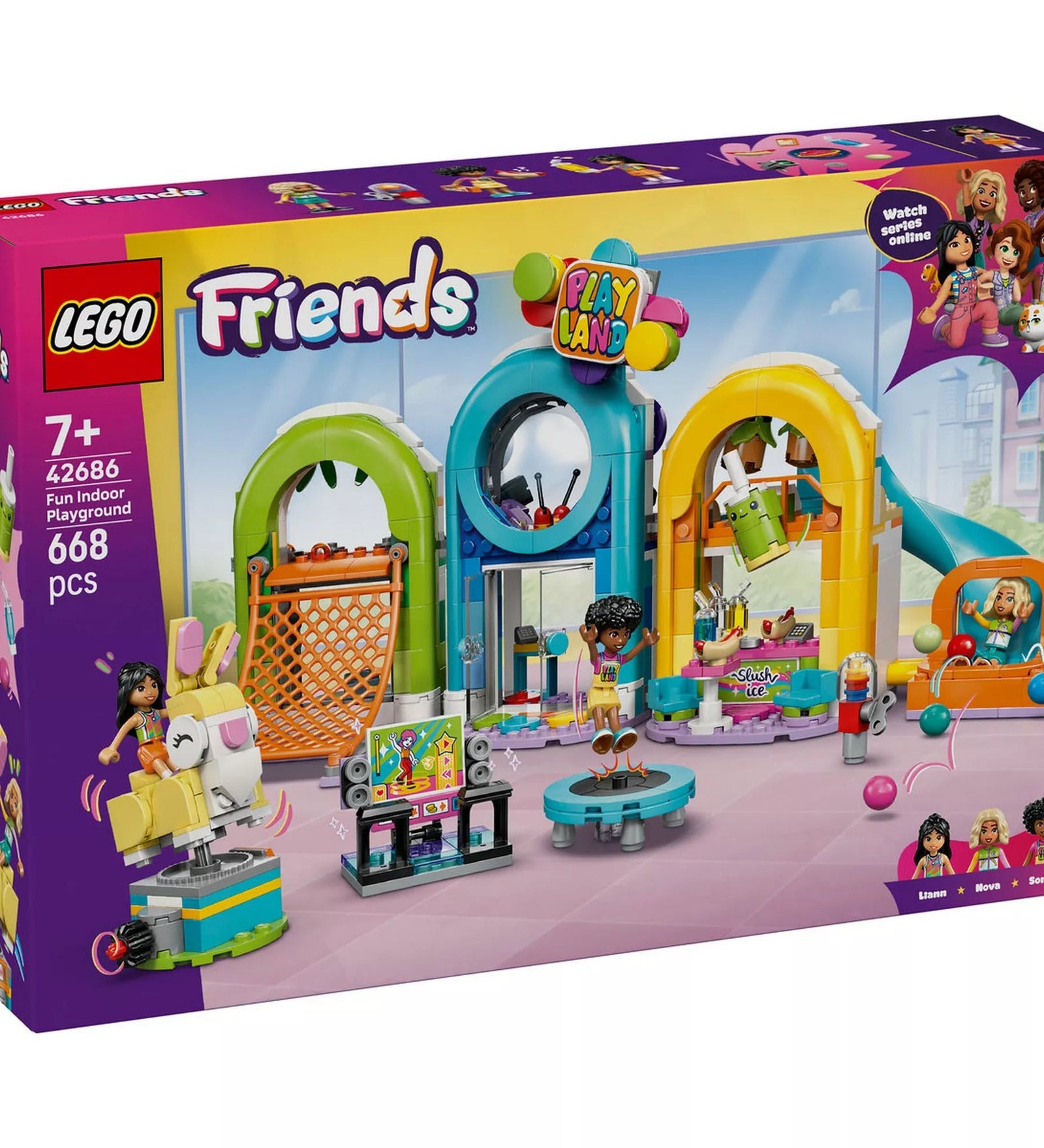 LEGO Friends Beltéri játszótér (42686) készlet dobozának eleje, színes beltéri játszótérrel, csúszdával, akadálypályával, snack bárral és 3 minibabafigurával.