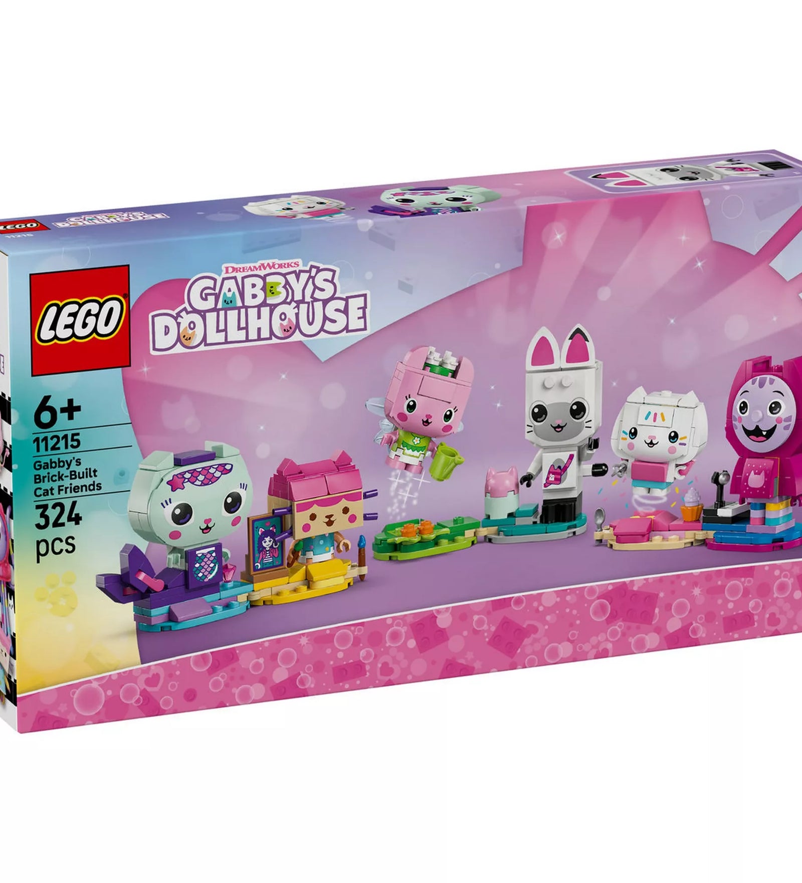 LEGO® Gabby babaháza Gabby cicabarátai 11215 készlet dobozának eleje, hat megépíthető cicakarakterrel és színes kiegészítőkkel, 6 éves kortól.