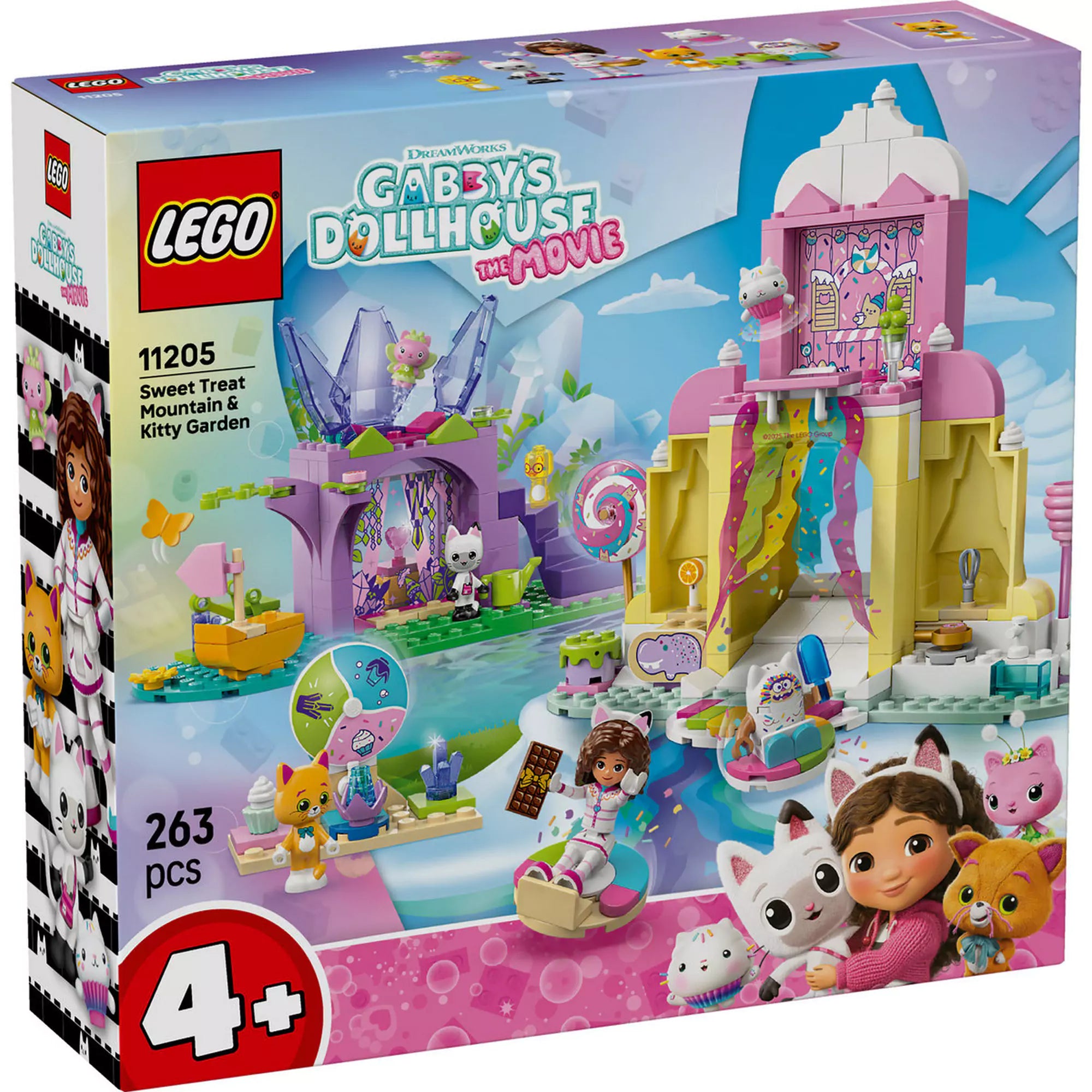 LEGO Gabby babaháza: Cukorkahegy és Cicakert (11205) dobozkép, színes építőelemekkel, figurákkal és cukorka témájú csúszdával.