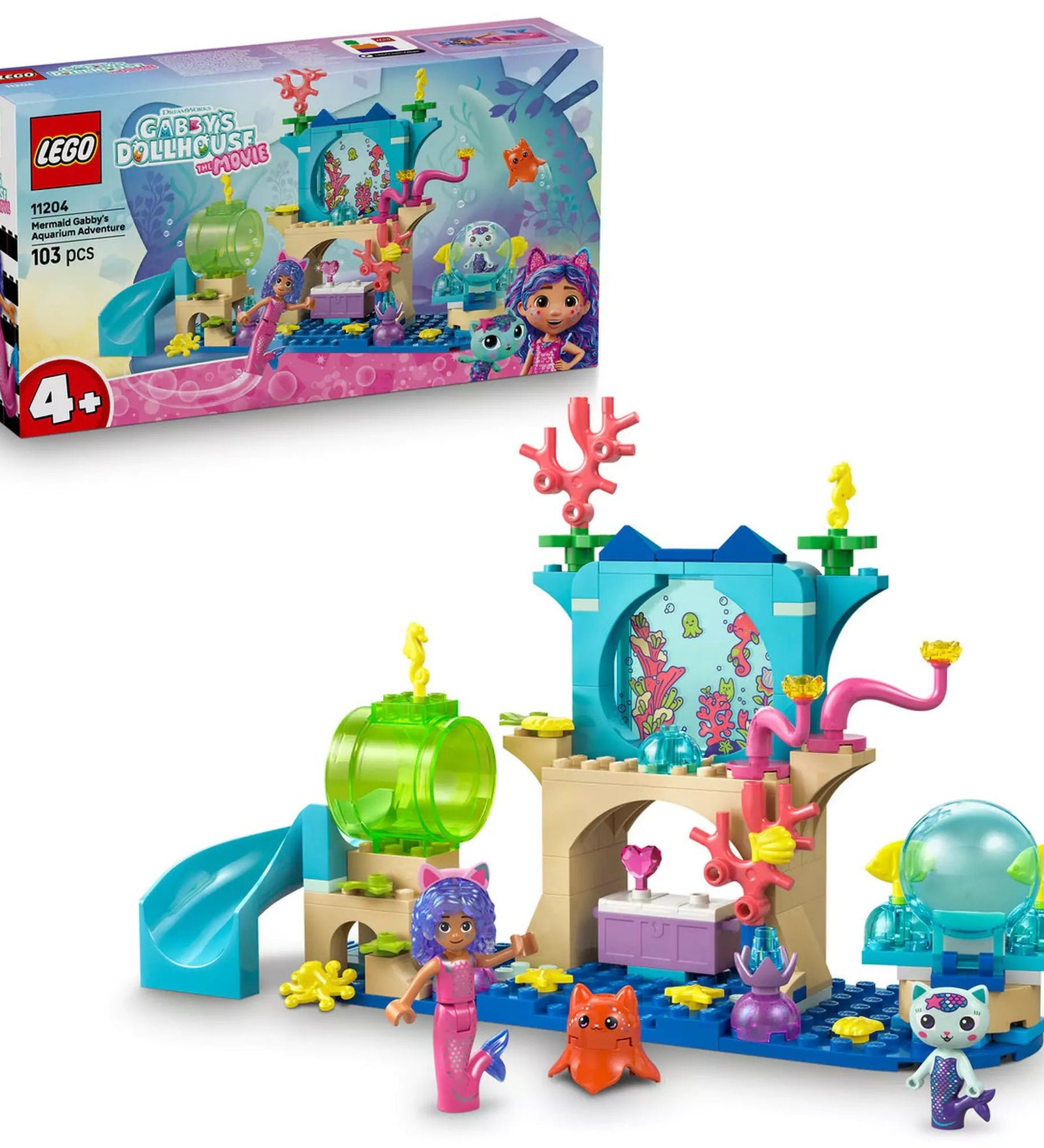 LEGO Gabby babaháza: Sellő Gabi kalandjai a víz alatti világban (11204) dobozkép és felépített szett a figurákkal.