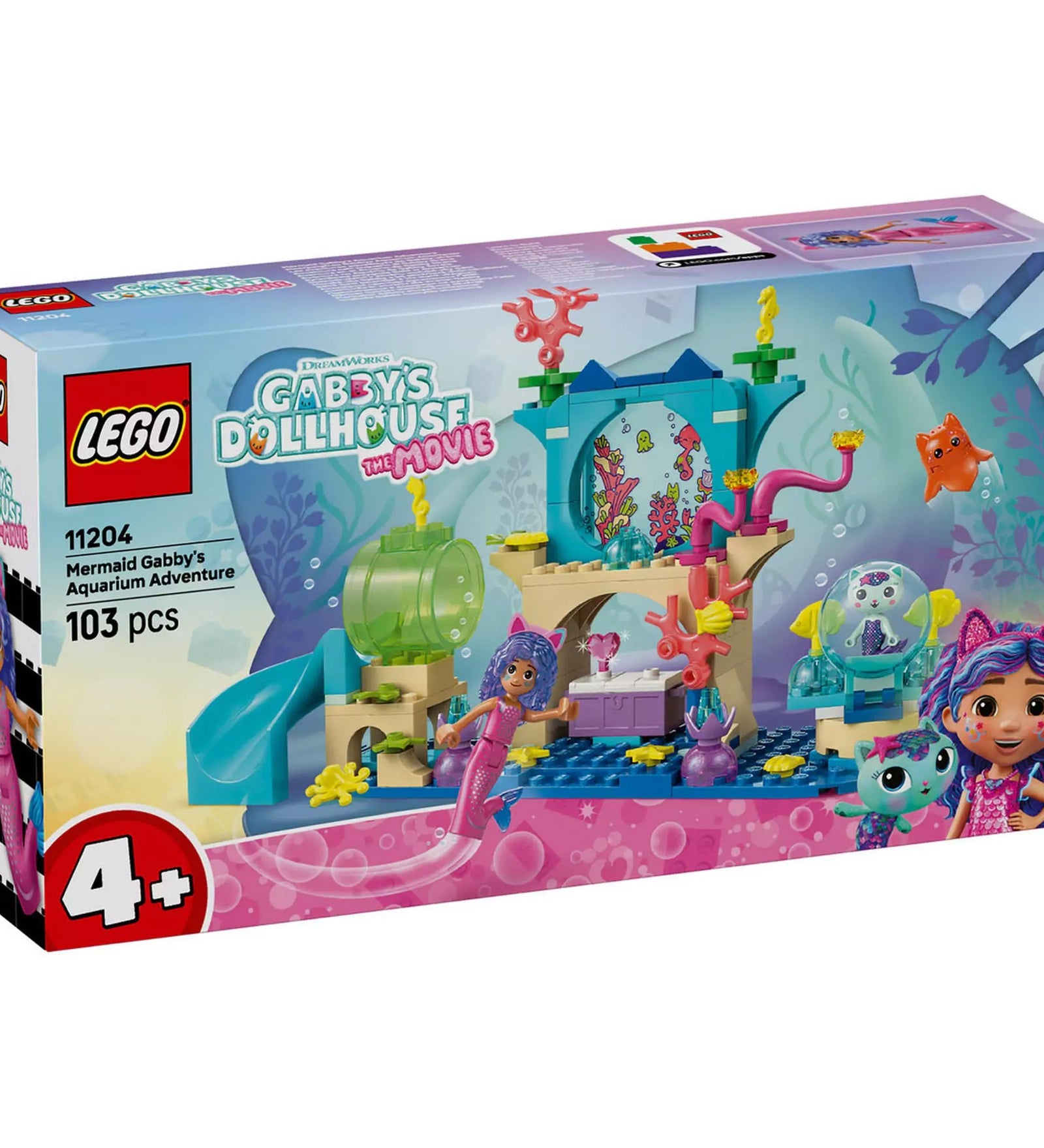 LEGO Gabby babaháza: Sellő Gabi kalandjai a víz alatti világban (11204) dobozkép, színes tengeri elemekkel és figurákkal 4+ éves gyerekeknek.