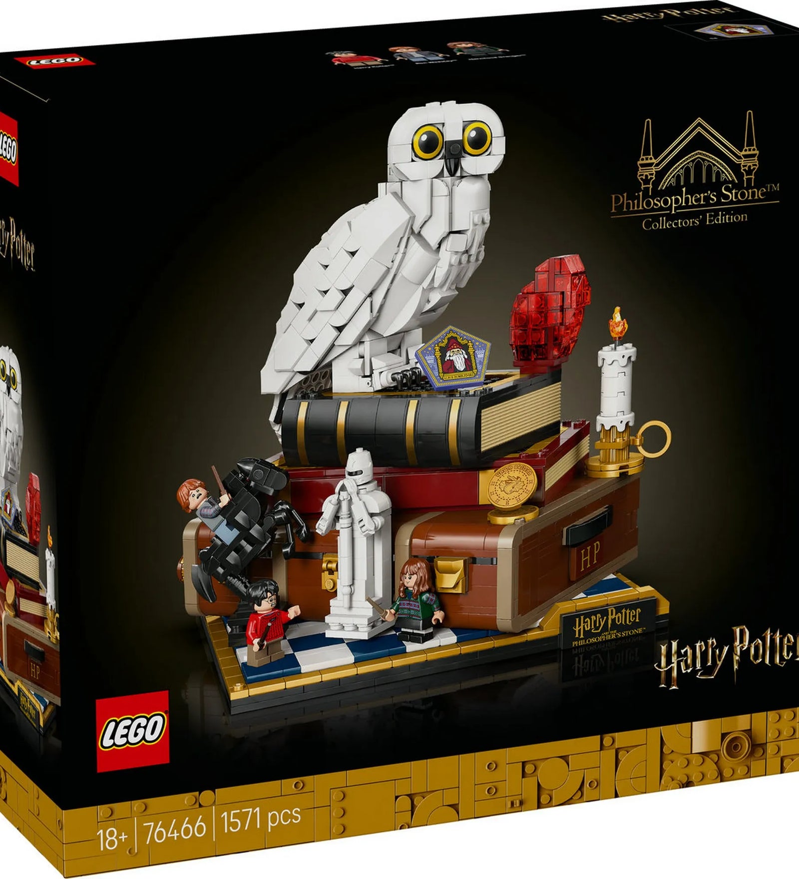 LEGO Harry Potter: A bölcsek köve, gyűjtői kiadás 76466, 1571 darabos – A gyűjtői kiadás dobozának eleje, Hedwig figurával