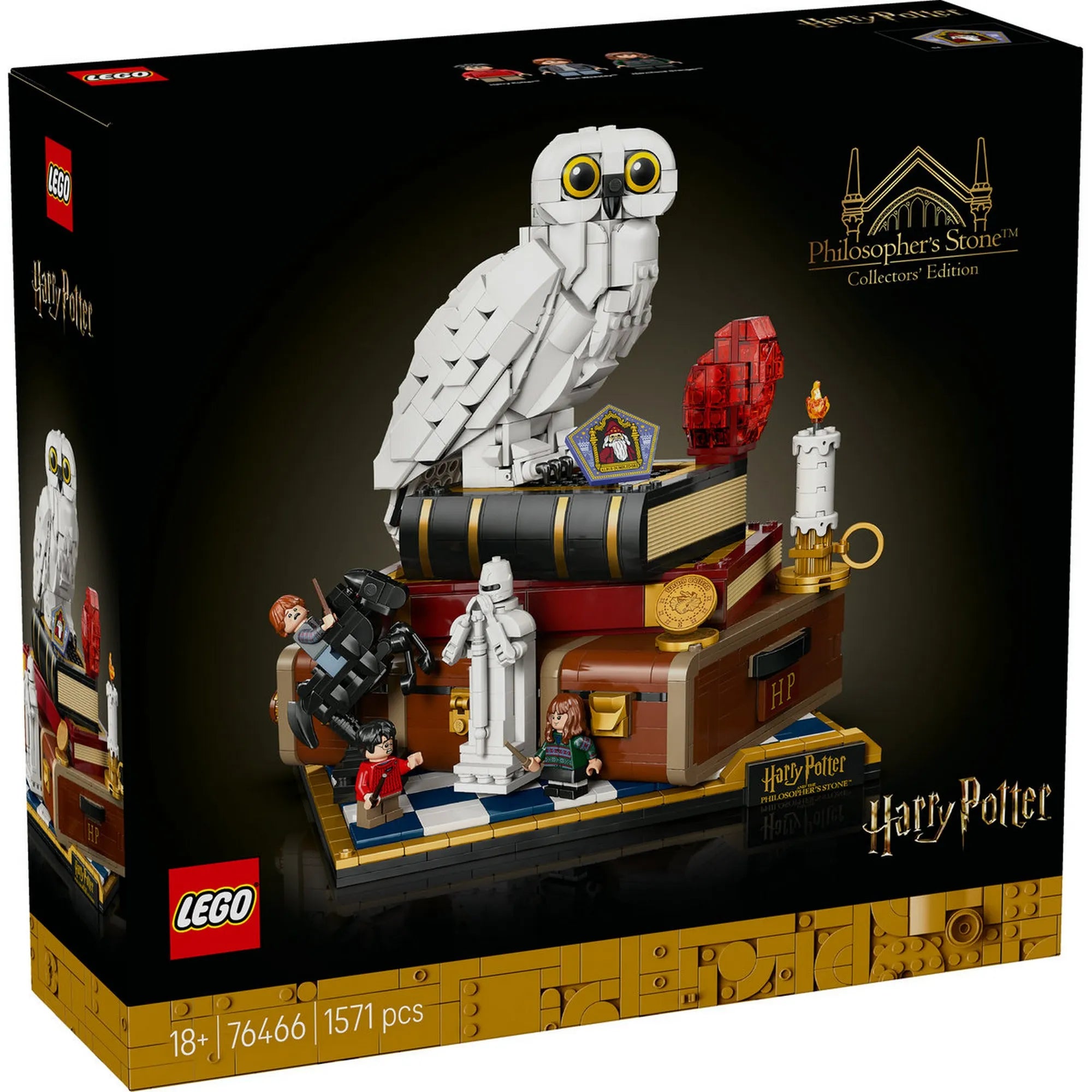 LEGO Harry Potter: A bölcsek köve, gyűjtői kiadás 76466, 1571 darabos – A gyűjtői kiadás dobozának eleje, Hedwig figurával