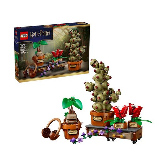 LEGO Harry Potter Roxforti gyógynövénytan növényei (76474) készlet dobozképe és a megépített modellek fehér háttéren.