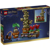 A LEGO Harry Potter Roxforti gyógynövénytan növényei (76474) készlet hátoldali dobozképe. A csomagolás bemutatja a mozgatható és interaktív funkciókat, valamint a részletes növénymodelleket és kiállítóállványt.
