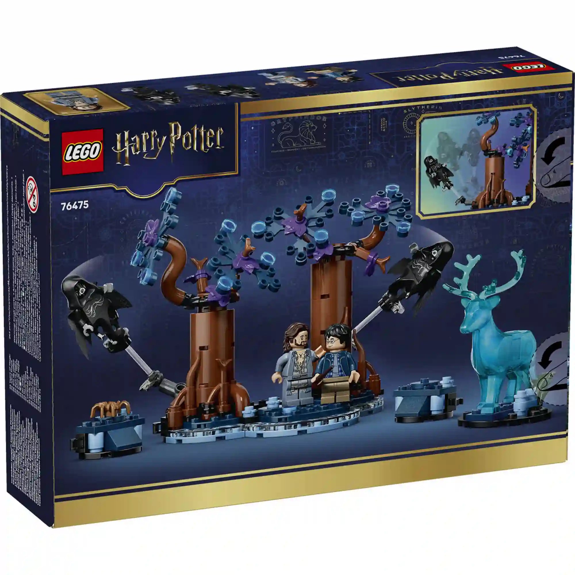 A LEGO Harry Potter 76475 készlet hátoldala, amely bemutatja az állítható fákat, a dementorokat és az Expecto Patronum jelenet különböző játéklehetőségeit.