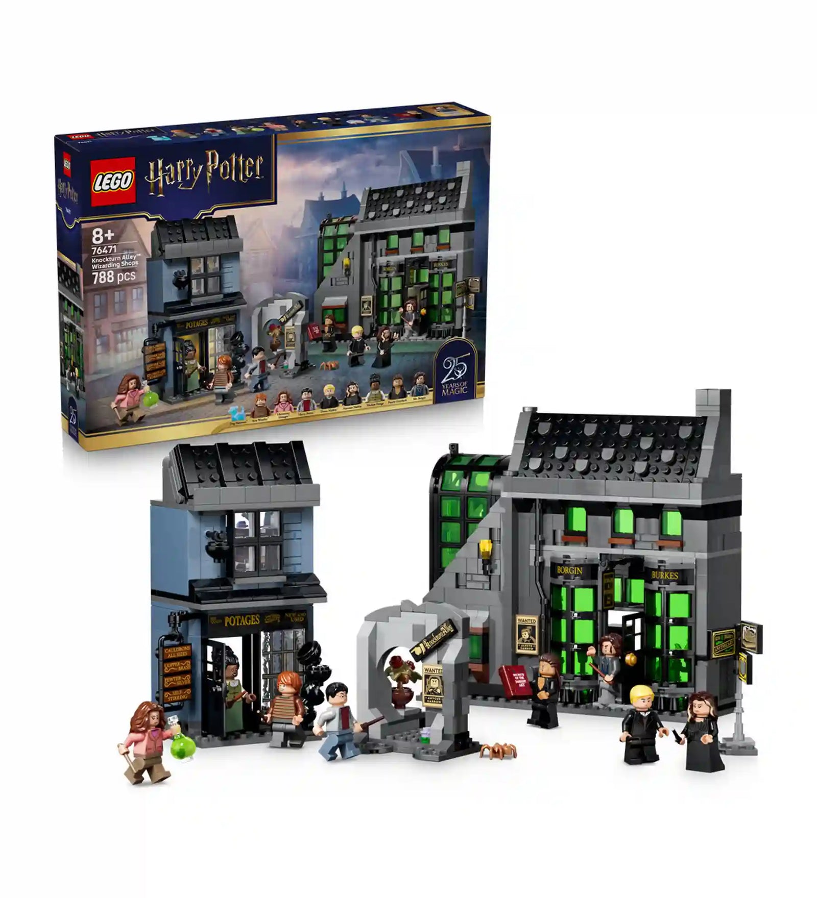 LEGO Harry Potter A Zsebpiszok köz varázslóboltjai 76471 készlet dobozzal, Borgin és Burkes üzlettel, Üstbolttal és minifigurákkal.