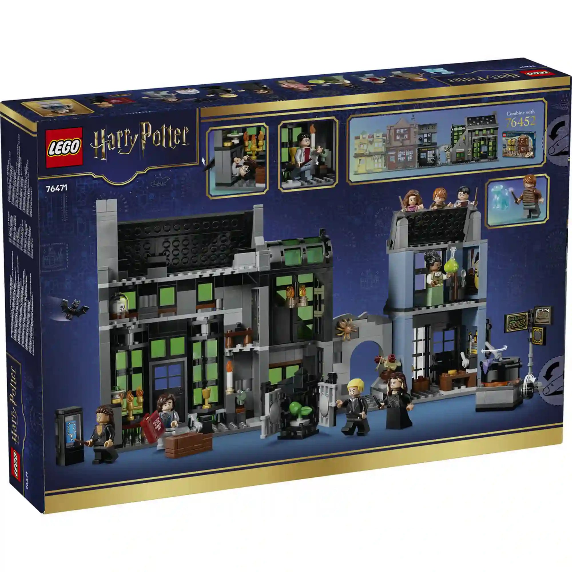 LEGO Harry Potter 76471 doboz hátoldala, amely bemutatja az üzletek belső tereit, a játékfunkciókat és a más készletekkel való összekapcsolhatóságot.