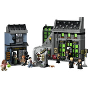 LEGO Harry Potter 76471 felépített Borgin és Burkes üzlet és Madam Potage Üstboltja Harry, Hermione, Ron és Draco minifigurákkal.