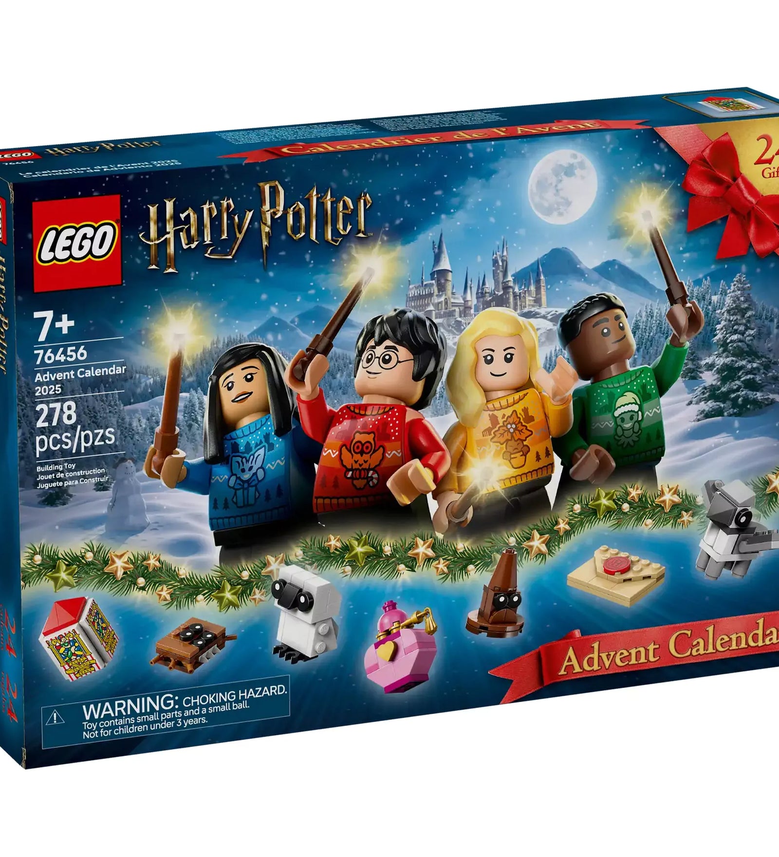 LEGO Harry Potter Adventi naptár 2025 (76456) doboz előlnézetben, téli Roxfort háttérrel, 4 minifigurával ünnepi pulóverben, varázspálcával és miniépítményekkel.