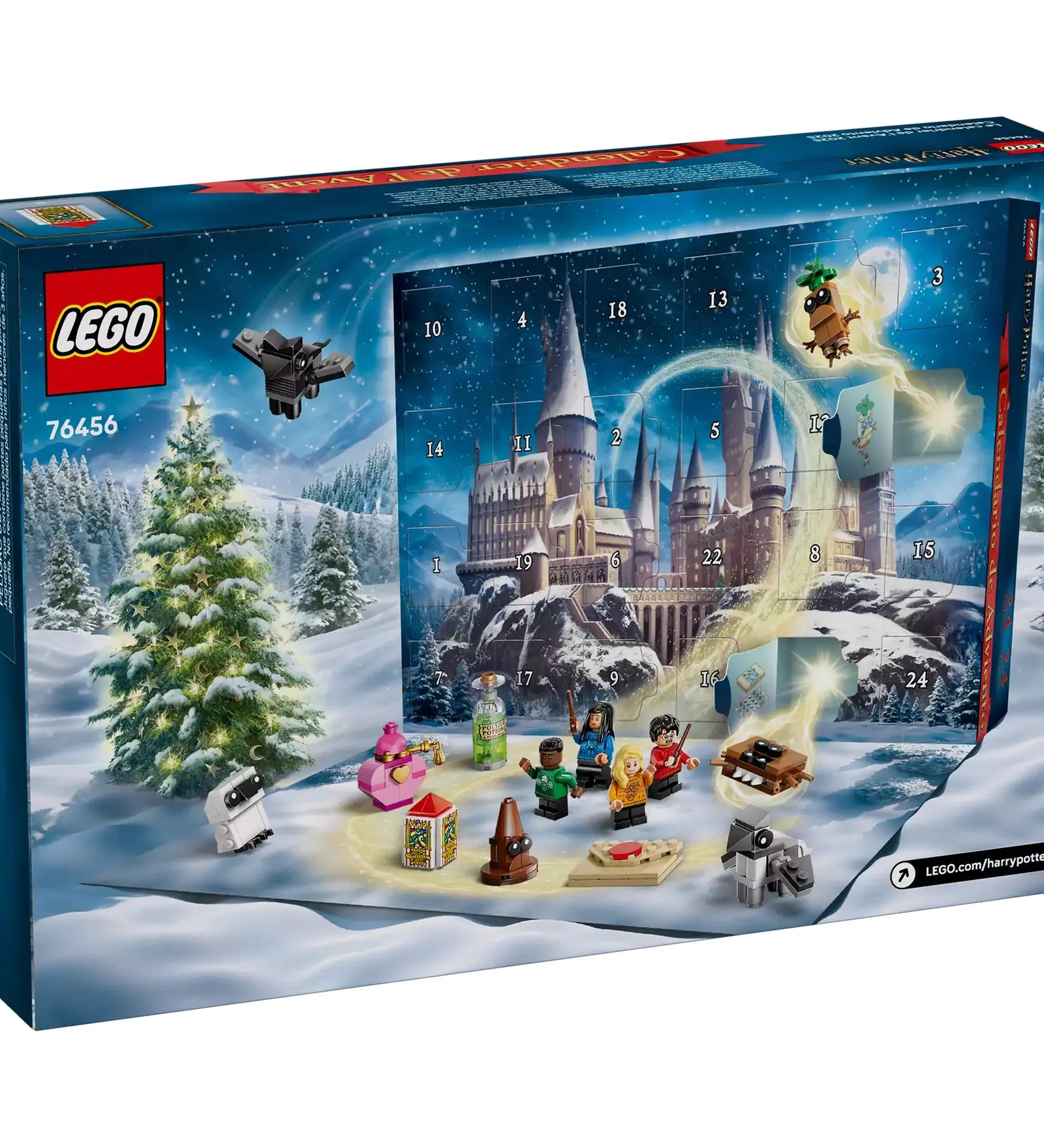 LEGO Harry Potter Adventi naptár 2025 (76456) doboz hátoldala, amely bemutatja a naptár nyitható ablakait, varázslatos figurákat és ünnepi miniépítményeket.