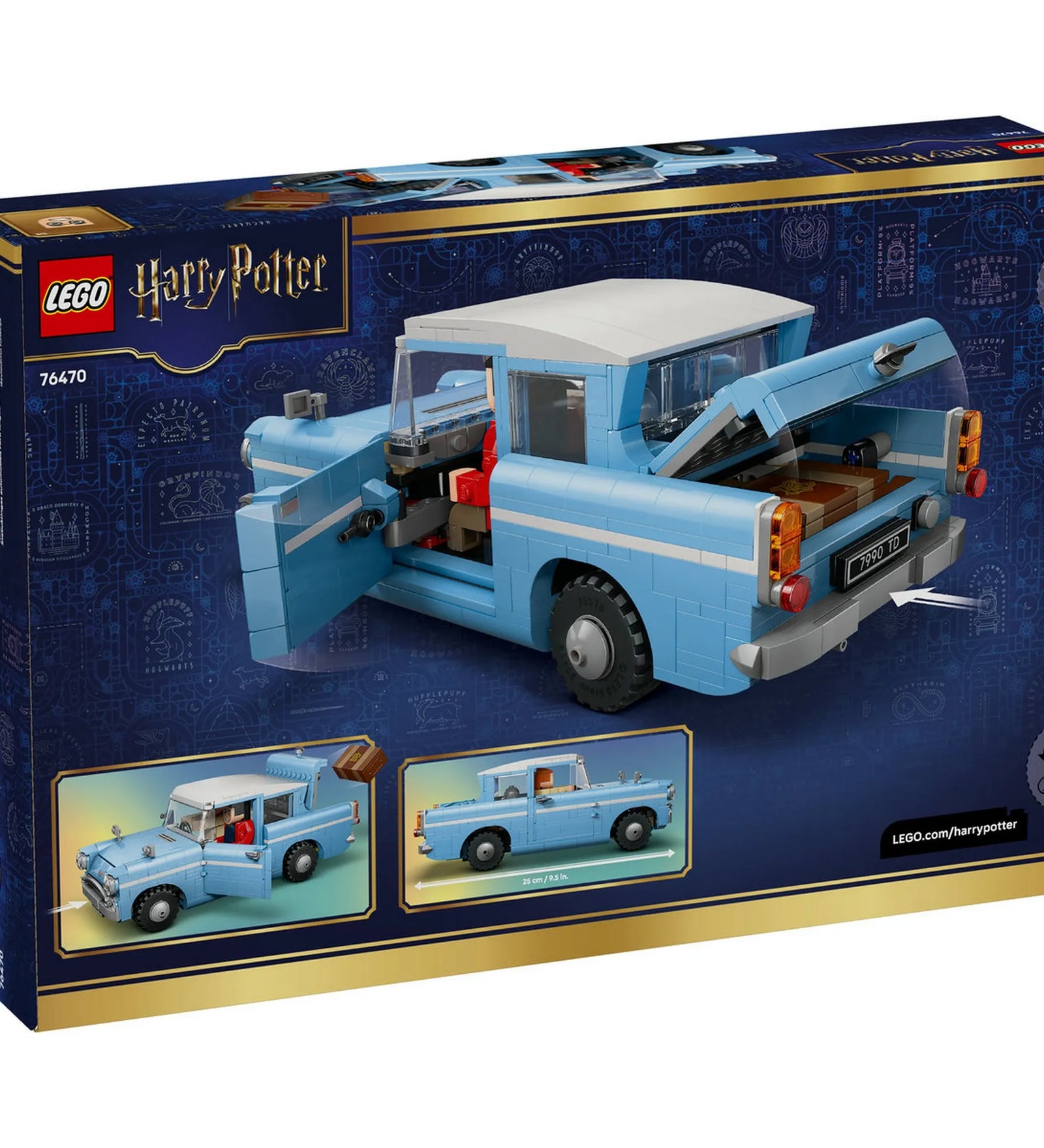 LEGO Harry Potter Enchanted Flying Ford Anglia 76470 – A doboz hátoldala, nyitható ajtókkal, csomagtartóval és a kilökő funkció bemutatásával.