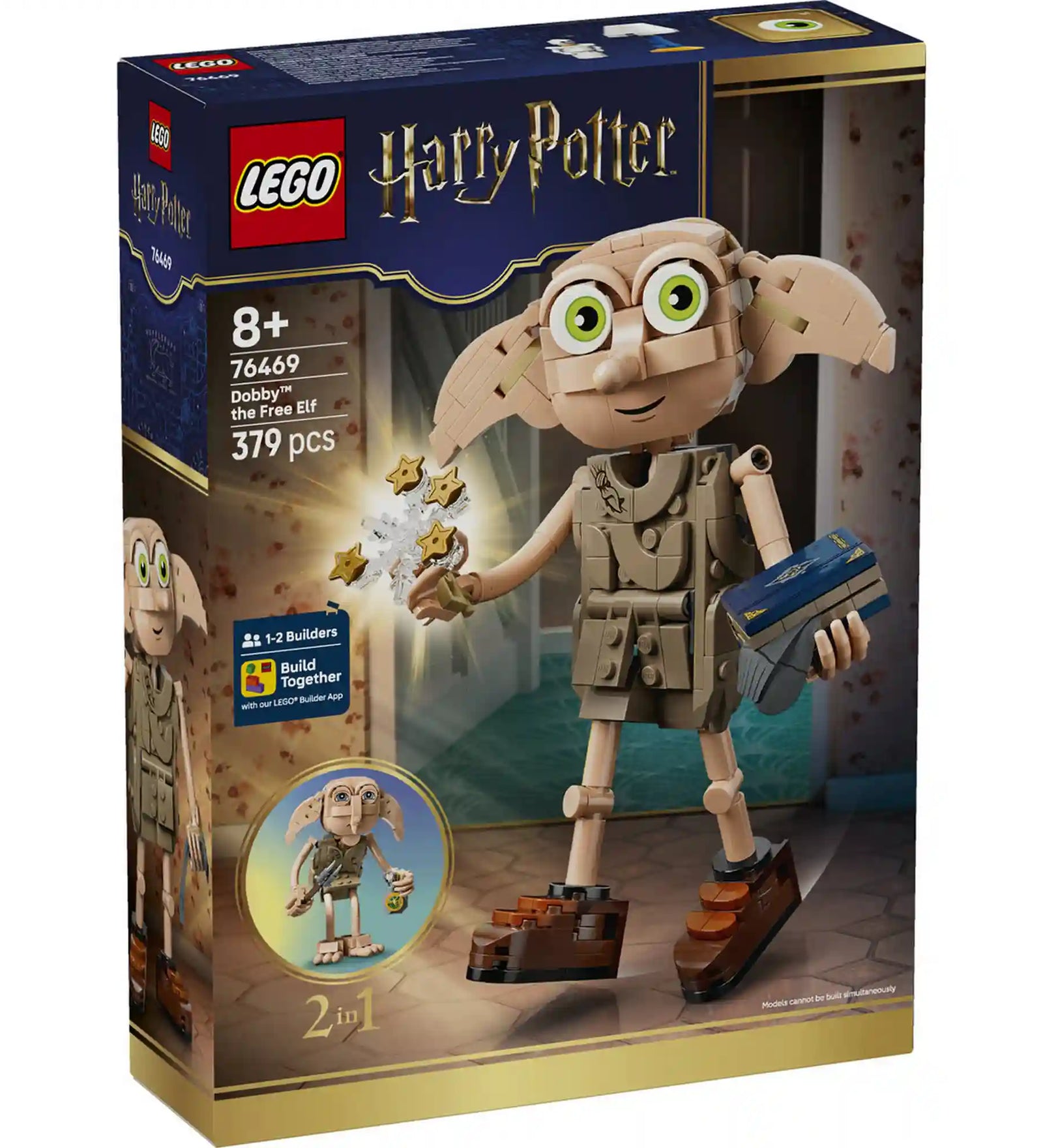 LEGO Harry Potter Dobby, a szabad manó 76469 készlet csomagolása a 379 elemes, 2 az 1-ben építhető Harry Potter házimanó modellel.