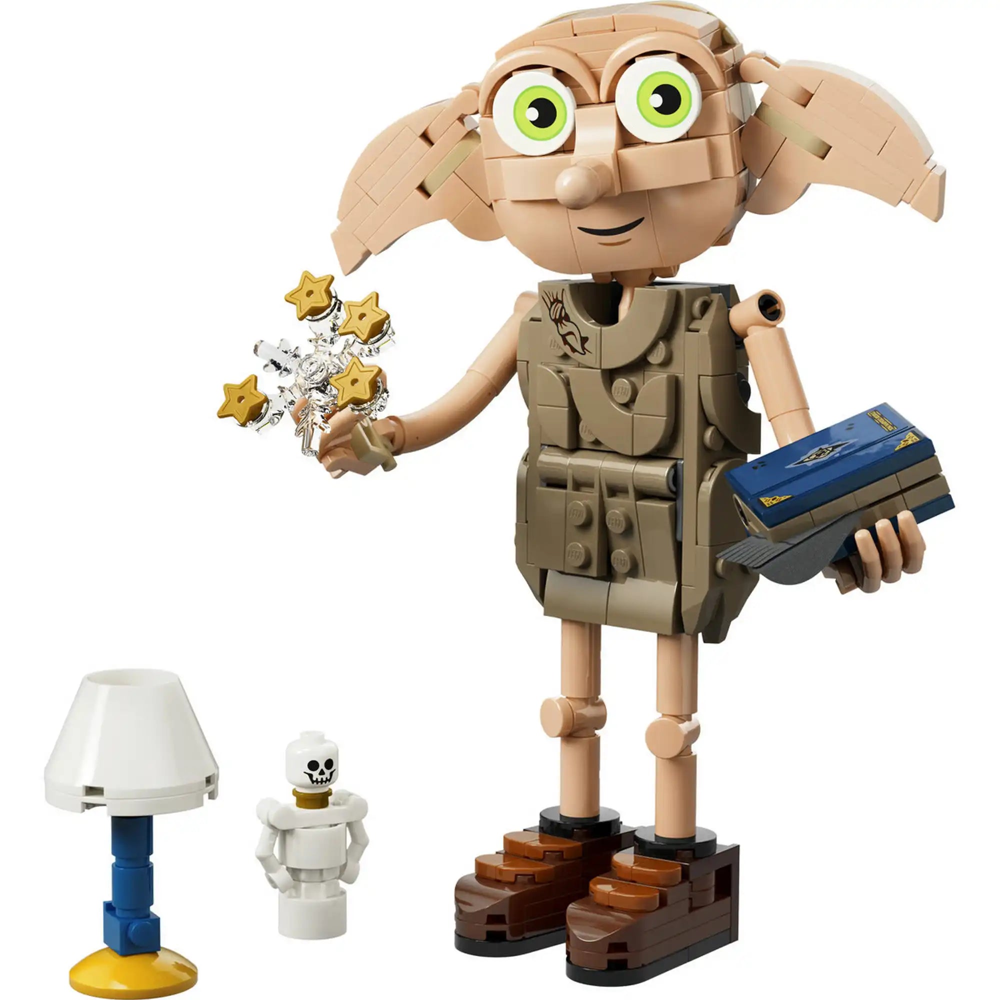 Megépített LEGO Harry Potter Dobby figura csillag alakú varázseffektussal, Tom Denem naplójával, lámpával és minifigura méretű kiegészítőkkel.