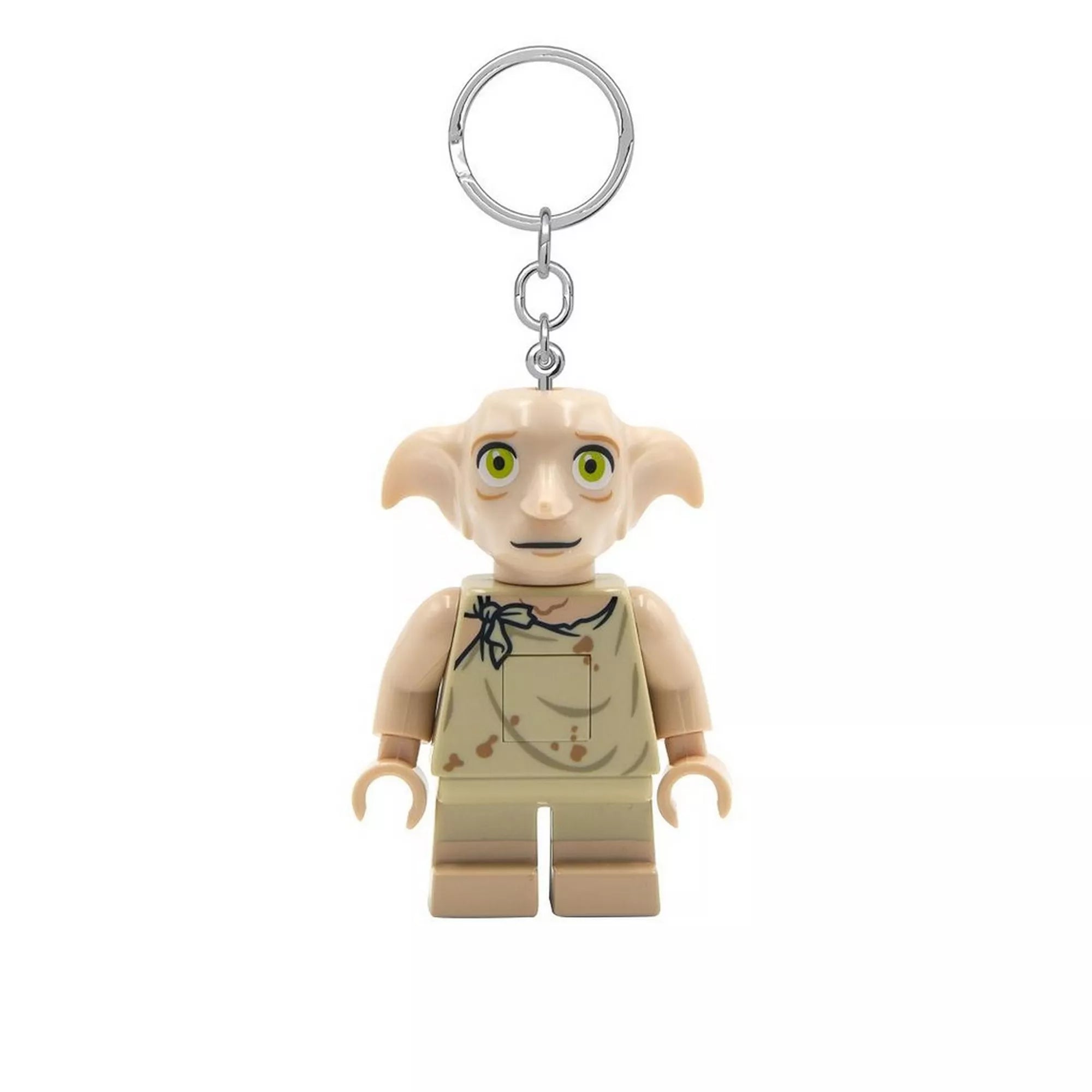 LEGO Harry Potter Dobby kulcstartó – a Dobby minifigura láncra erősített változata világos ruhában, fém kulcskarikával.