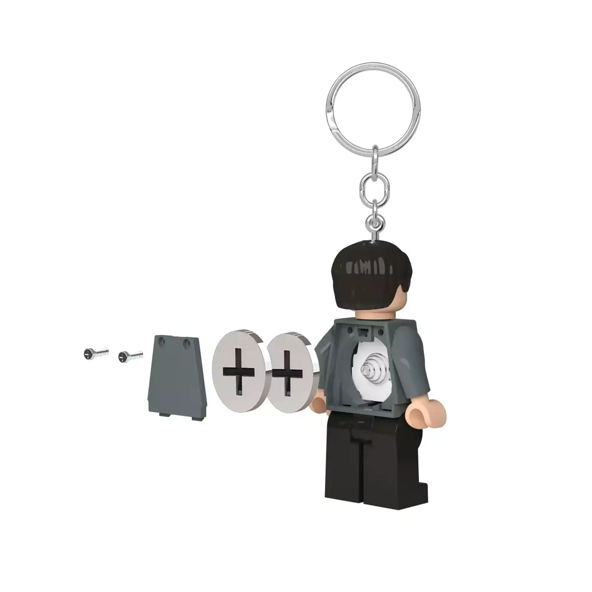 LEGO Harry Potter kulcstartó hátulról, nyitott elemtartóval és kivehető gombelemmel.