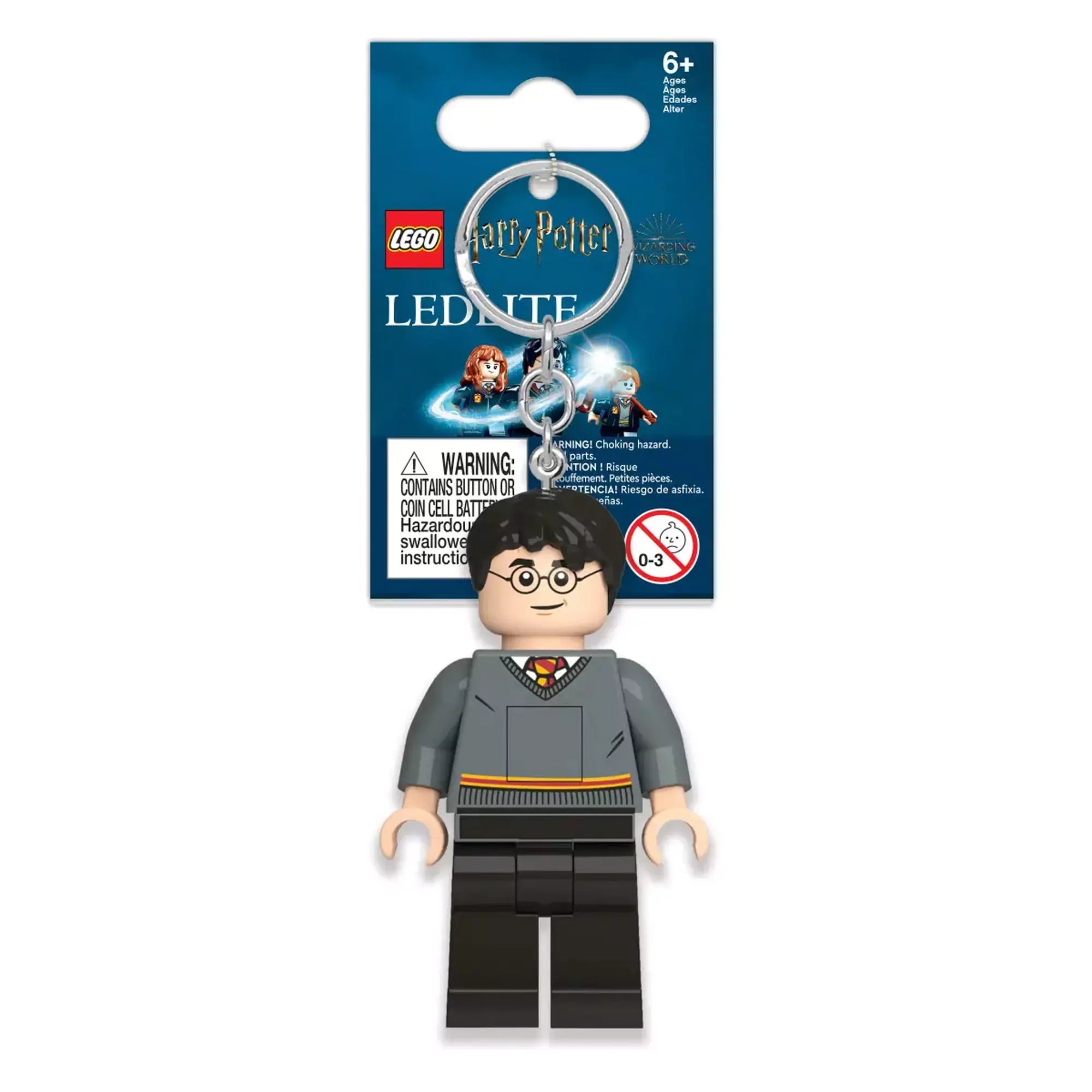 LEGO Harry Potter kulcstartó LED lámpával, eredeti csomagolásban, kék háttérrel és logóval.