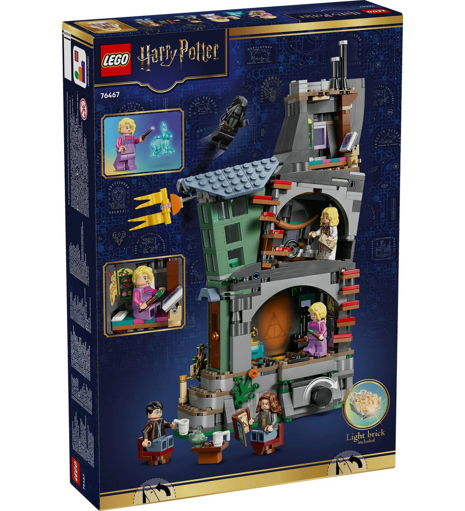 LEGO Harry Potter Luna Lovegood háza (76467) – a doboz hátoldala, a nyitható belső terek és játékfunkciók bemutatásával.