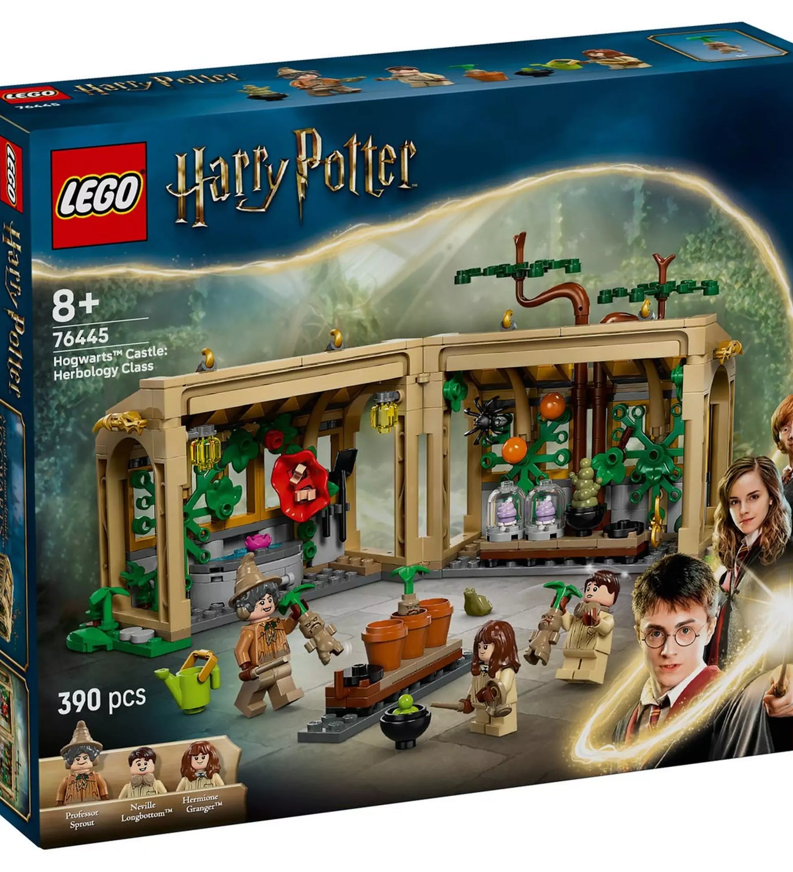LEGO Harry Potter Roxfort kastély: Gyógynövénytanóra 76445 doboz elölnézete, nyitott üvegházzal, növényekkel és három minifigurával.