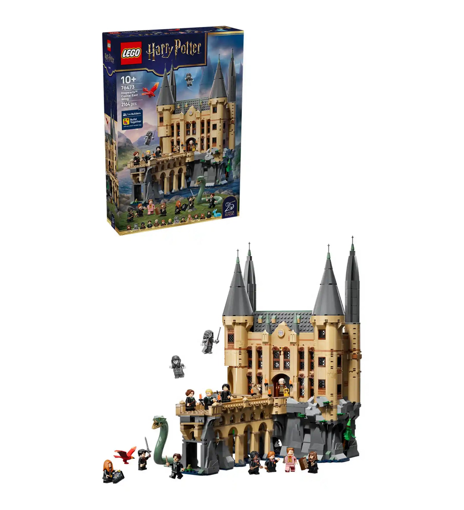 LEGO Harry Potter 76473 készlet dobozzal és felépített Roxfort Keleti szárny modellel, minifigurákkal és kiegészítőkkel.