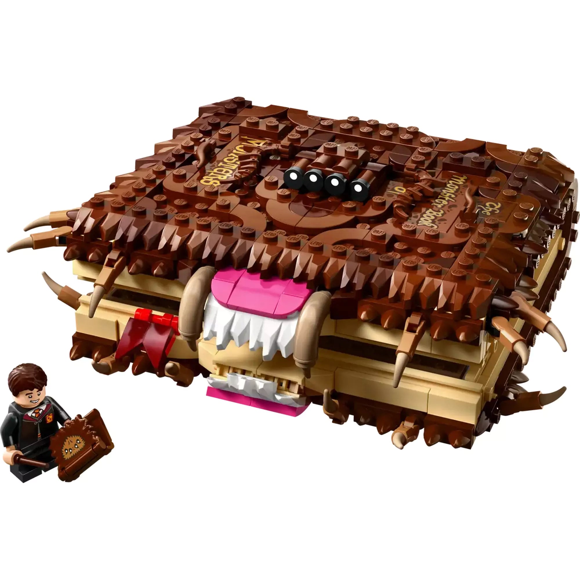 LEGO Harry Potter: Szörnyek szörnyű könyve (76449) – a megépített könyv kinyújtott nyelvvel és Neville minifigurával.