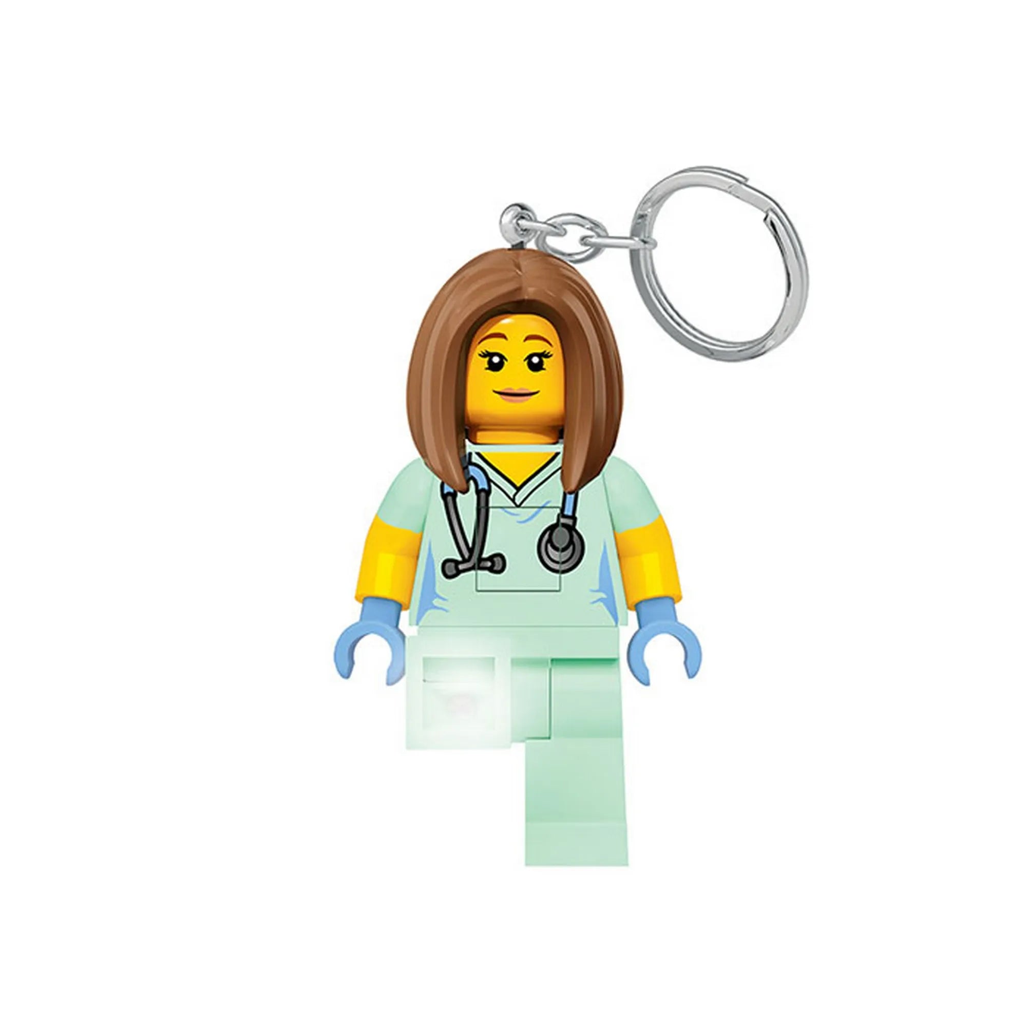 LEGO LED-es Ápolónő breloc, világoszöld munkaruhás minifigura sztetoszkóppal és LED-es lámpákkal a lábfejekben, fém kulcskarikával.