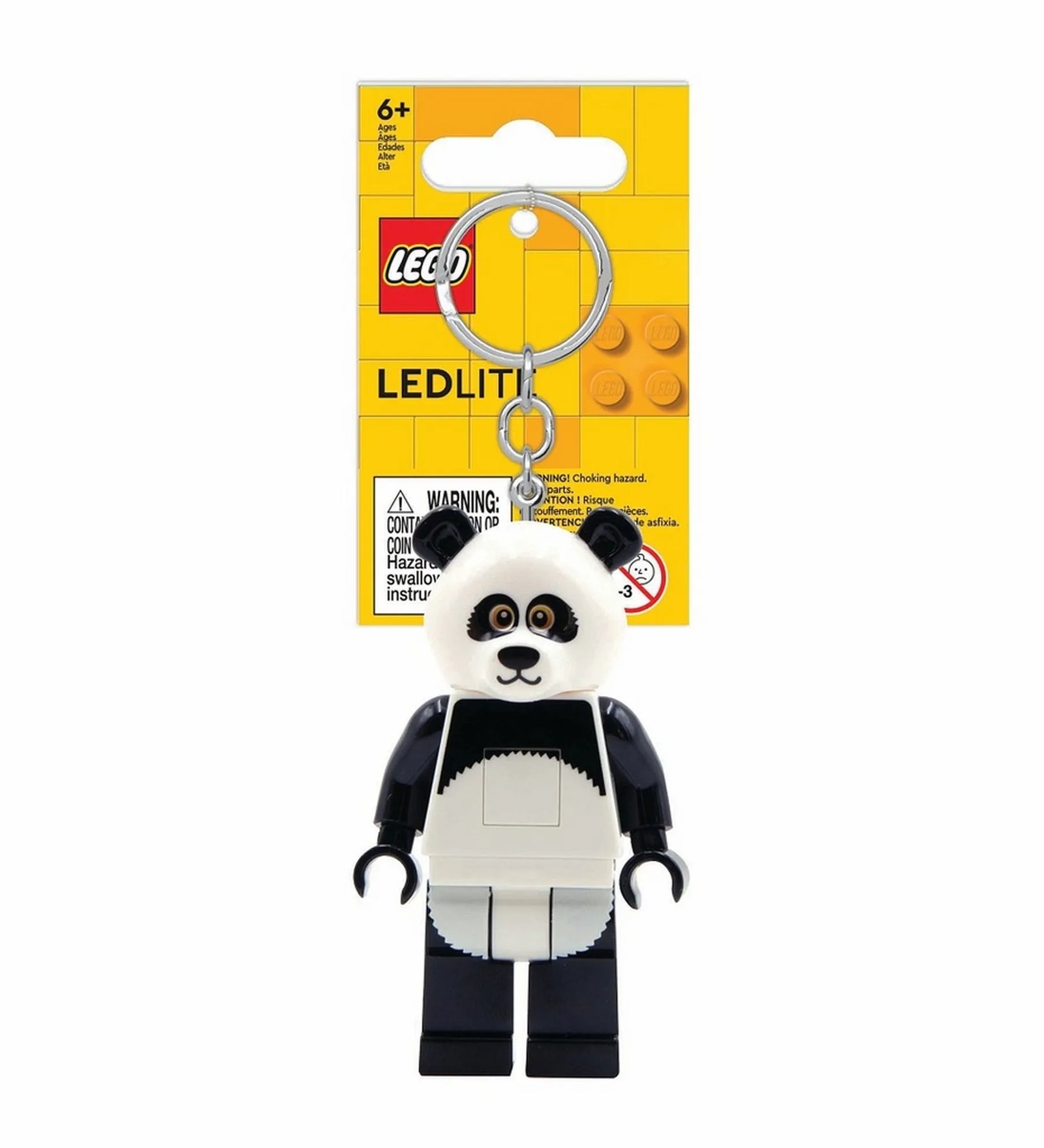 LEGO Iconic Panda világító kulcstartó eredeti sárga LEGO csomagolásban, akasztós kártyán, jól látható panda figura és kulcskarika.