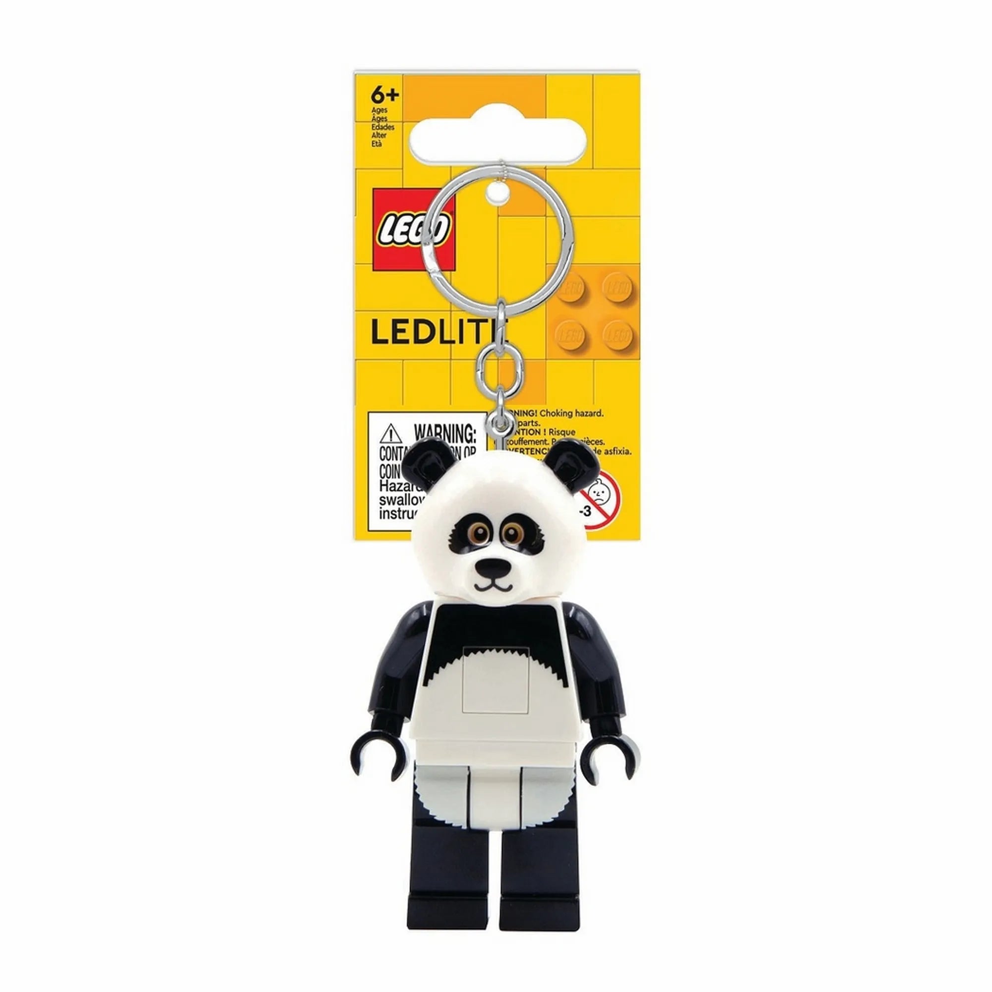 LEGO Iconic Panda világító kulcstartó eredeti sárga LEGO csomagolásban, akasztós kártyán, jól látható panda figura és kulcskarika.