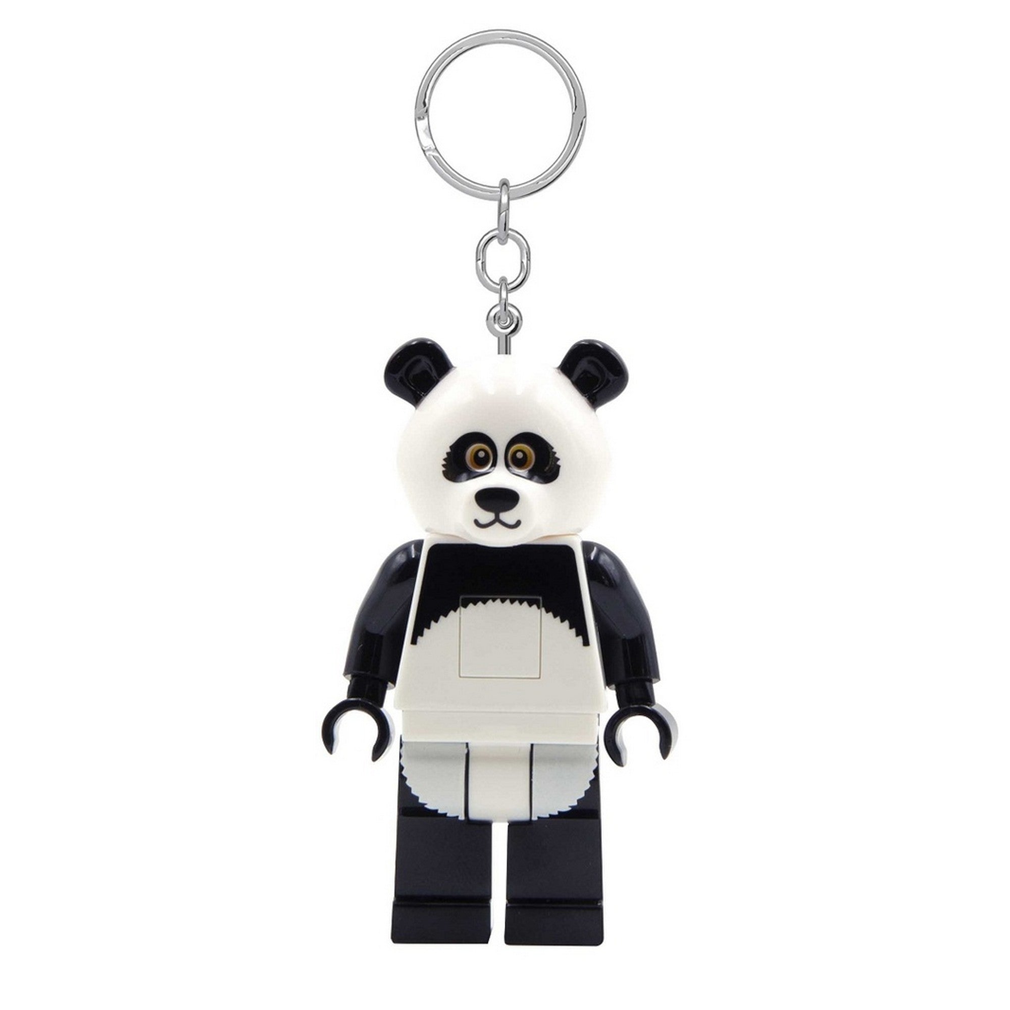 LEGO Panda LED-es kulcstartó részletes elölnézetben, fekete-fehér minifigurával.