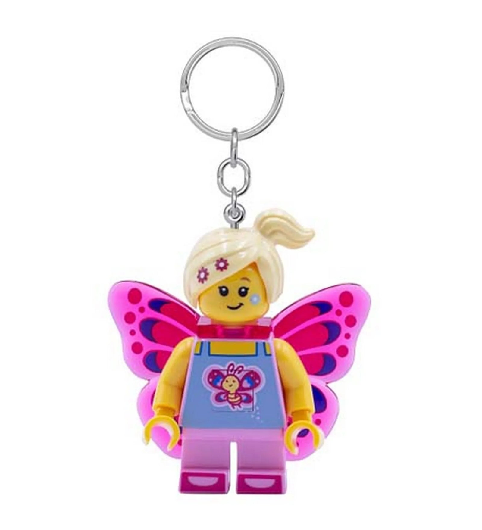 A LEGO LEDLITE Pillangólány kulcstartó közelről, mosolygós, szőke hajú minifigurával és élénk rózsaszín-lila pillangószárnyakkal.