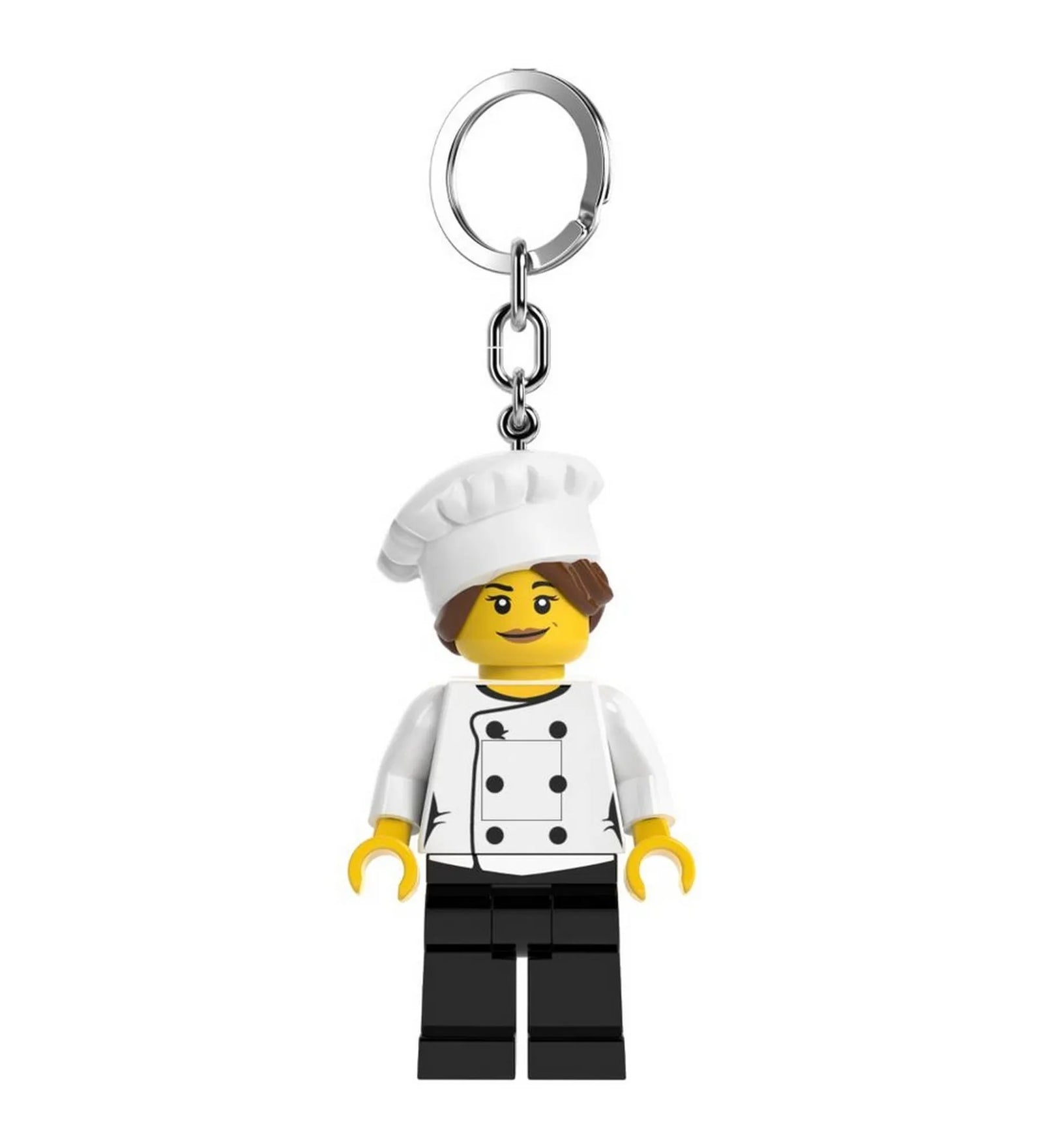 LEGO LED-es Szakács kulcstartó – fehér szakácssapkás, fekete nadrágos minifigura fém kulcskarika rögzítéssel, beépített LED-fénnyel.