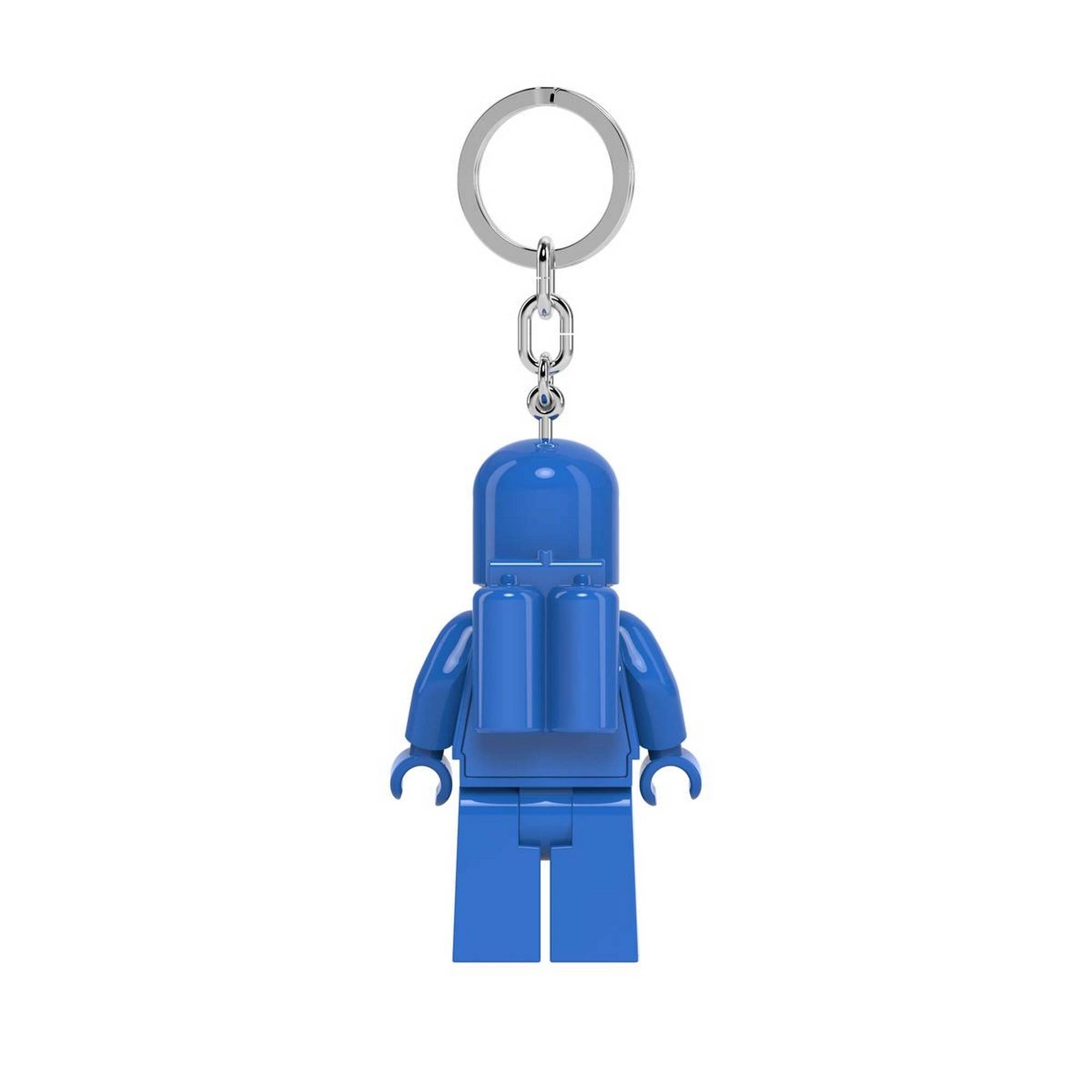 Kék LEGO űrhajós kulcstartó hátoldala oxigénpalack mintával és fém lánccal
