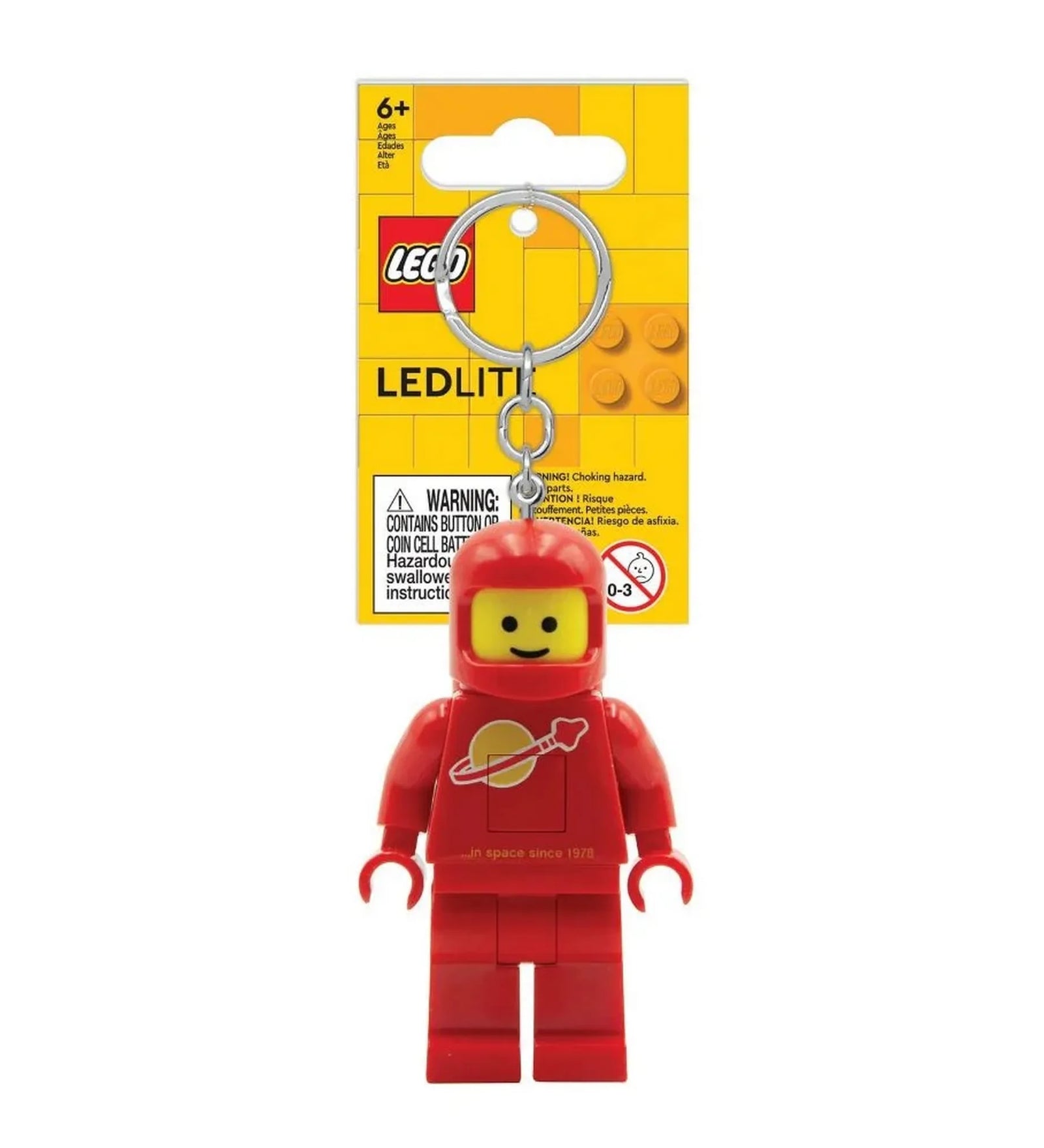 Piros LEGO űrhajós világító kulcstartó eredeti csomagolással, LEDLITE felirattal és fém karikával