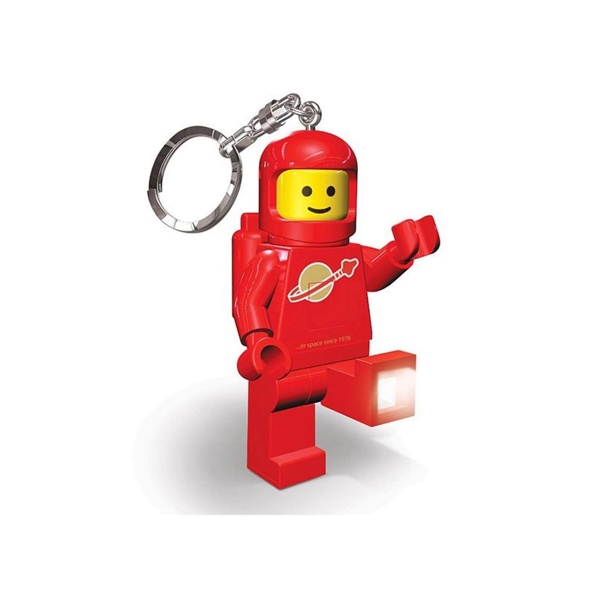 Űrhajós világító kulcstartó, piros LEGO minifigura LED fénnyel a lábánál, fehér háttéren
